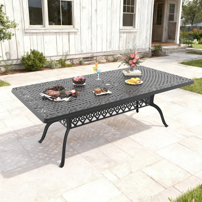 82.68 Inch Black Rectangle Cast Aluminum Patio Table With Umbrella Hole