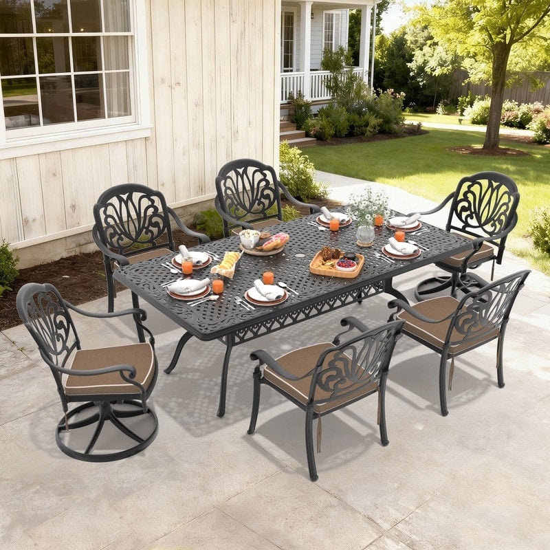 82.68In Black Outdoor Dining Table With 2 Swivel 4 Stackable Chairs Brown Cushions 7 Piece Set