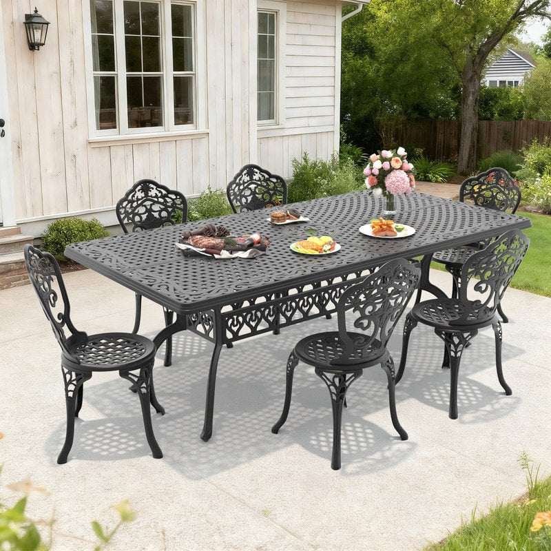 82.68In Rectangle Black Cast Aluminum Outdoor Dining Table With Unbrella Hole 6 Outdoor Dining Chairs Without Cushion