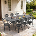 82.68In Rectangle Black Cast Aluminum Outdoor Dining Table With Unbrella Hole 8 Outdoor Dining Chairs Without Cushion