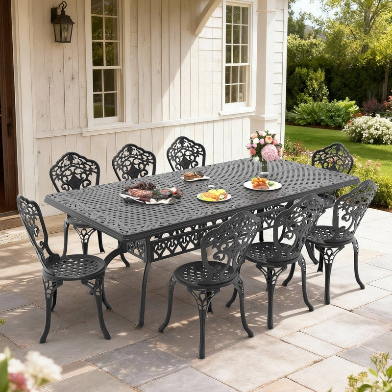 82.68In Rectangle Black Cast Aluminum Outdoor Dining Table With Unbrella Hole 8 Outdoor Dining Chairs Without Cushion