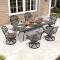 82.68In Rectangle Cast Aluminum Outdoor Dining Table And 6 Swivel Black Frame Outdoor Chairs With Brown Cushions