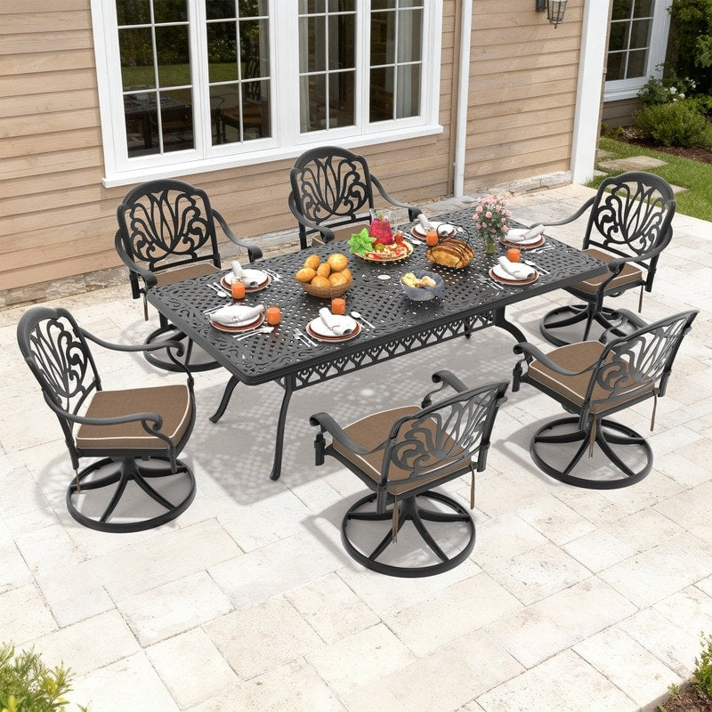 82.68In Rectangle Cast Aluminum Outdoor Dining Table And 6 Swivel Black Frame Outdoor Chairs With Brown Cushions