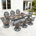 82.68In Rectangle Cast Aluminum Outdoor Dining Table And 8 Swivel Black Frame Outdoor Chairs With Brown Cushions