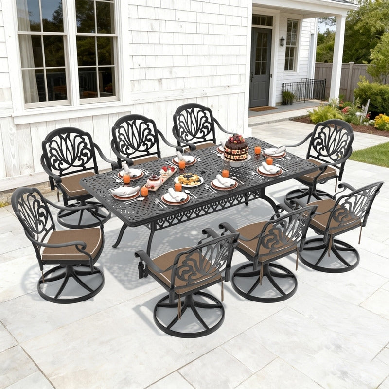 82.68In Rectangle Cast Aluminum Outdoor Dining Table And 8 Swivel Black Frame Outdoor Chairs With Brown Cushions