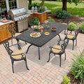82.68In Reltangle Black Cast Aluminum Outdoor Dining Table With Unbrella Hole 6 Outdoor Chairs With Brown Cushions