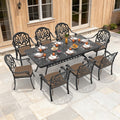 82.68In Reltangle Black Cast Aluminum Outdoor Dining Table With Unbrella Hole 8 Outdoor Chairs With Brown Cushions