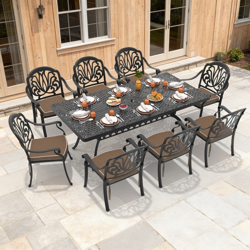 82.68In Reltangle Black Cast Aluminum Outdoor Dining Table With Unbrella Hole 8 Outdoor Chairs With Brown Cushions