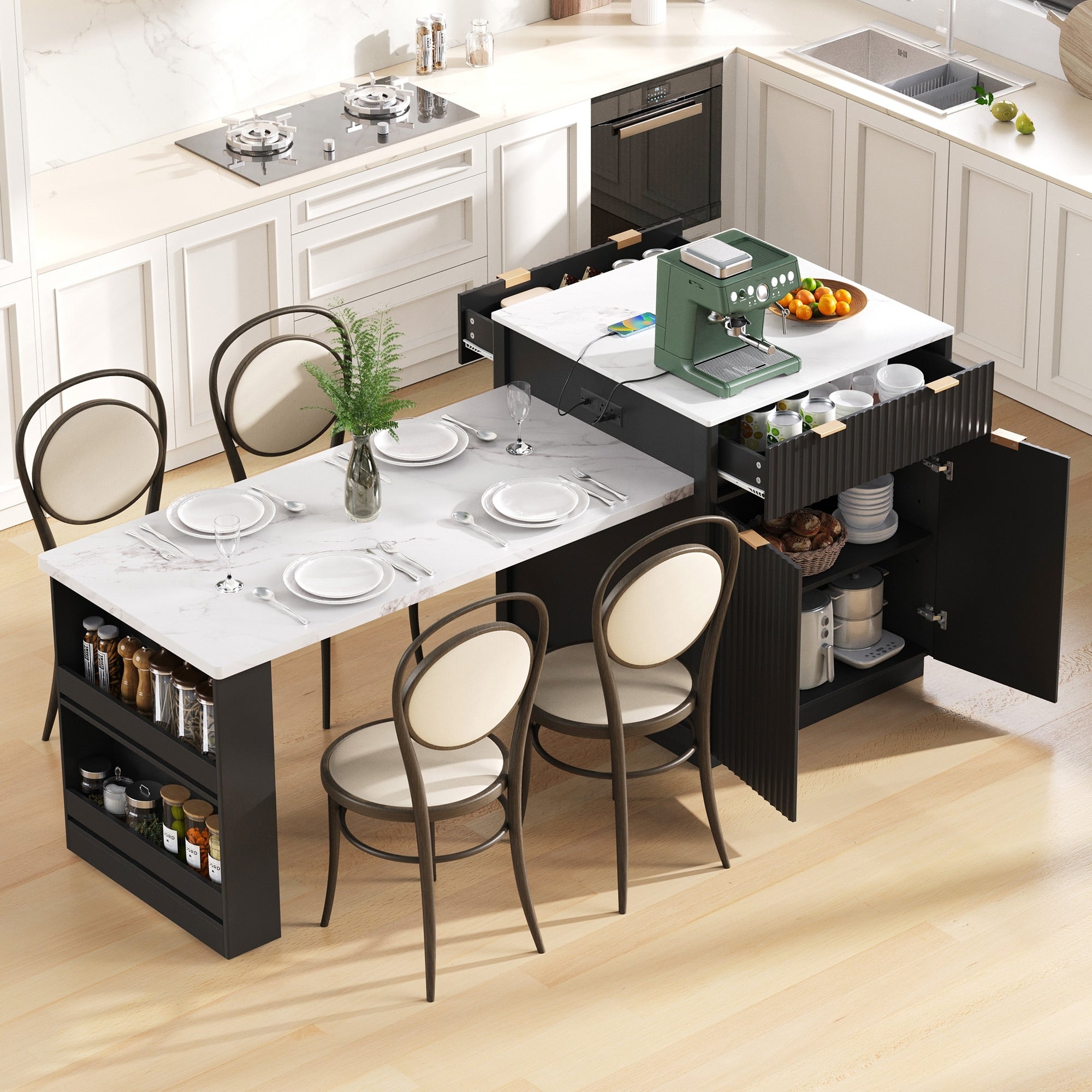 82.6 Fluted Kitchen Island Power Outlet With 2 Drawers And 2 Side Shelves