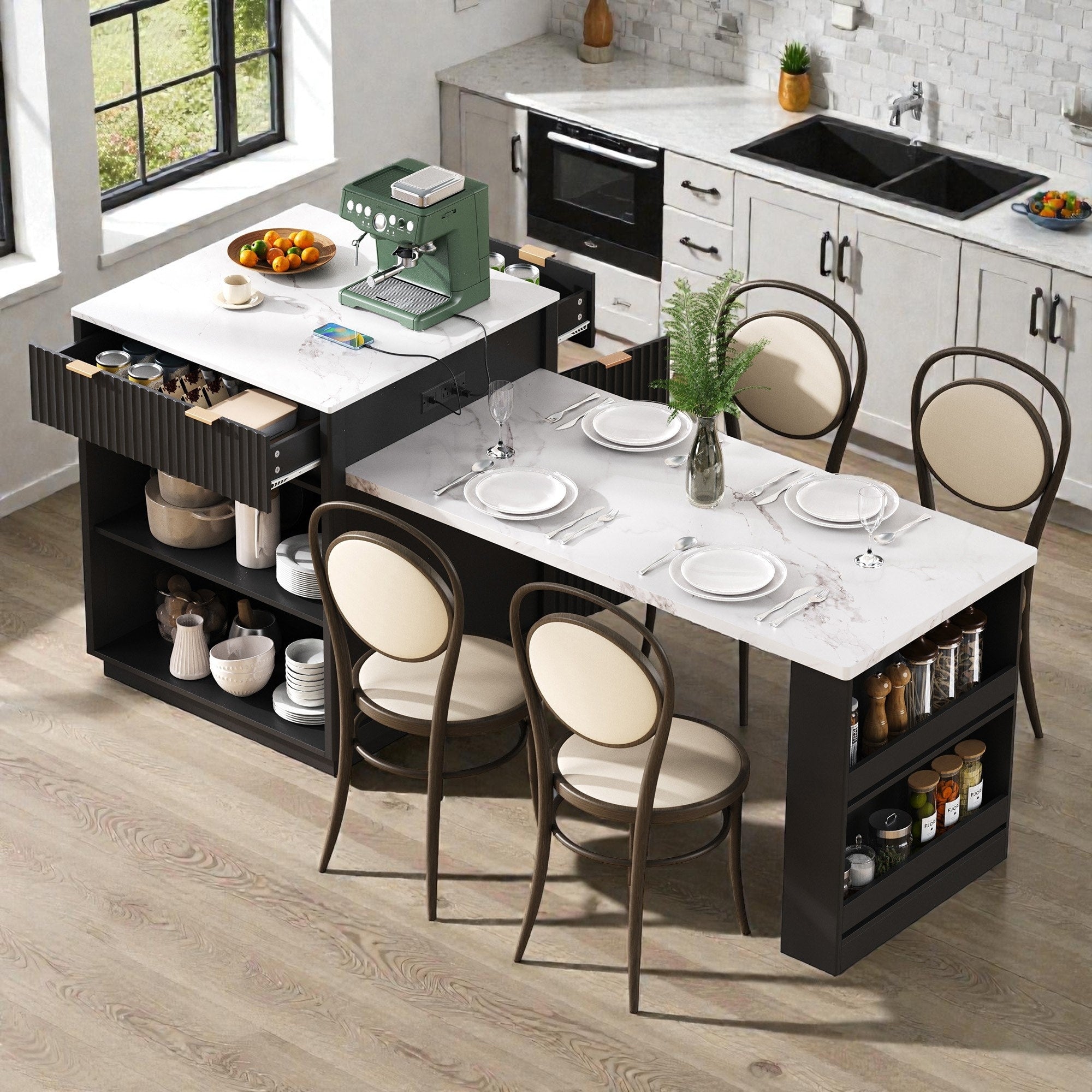 82.6 Fluted Kitchen Island With Extendable Dining Table For 2 6 Power Outlet Double Side Storage Drawers