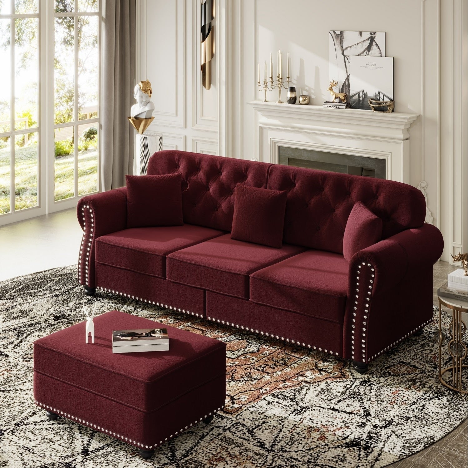 82.6 Velvet Sofa With Button Tufted 3 Pillows And 1 Ottoman