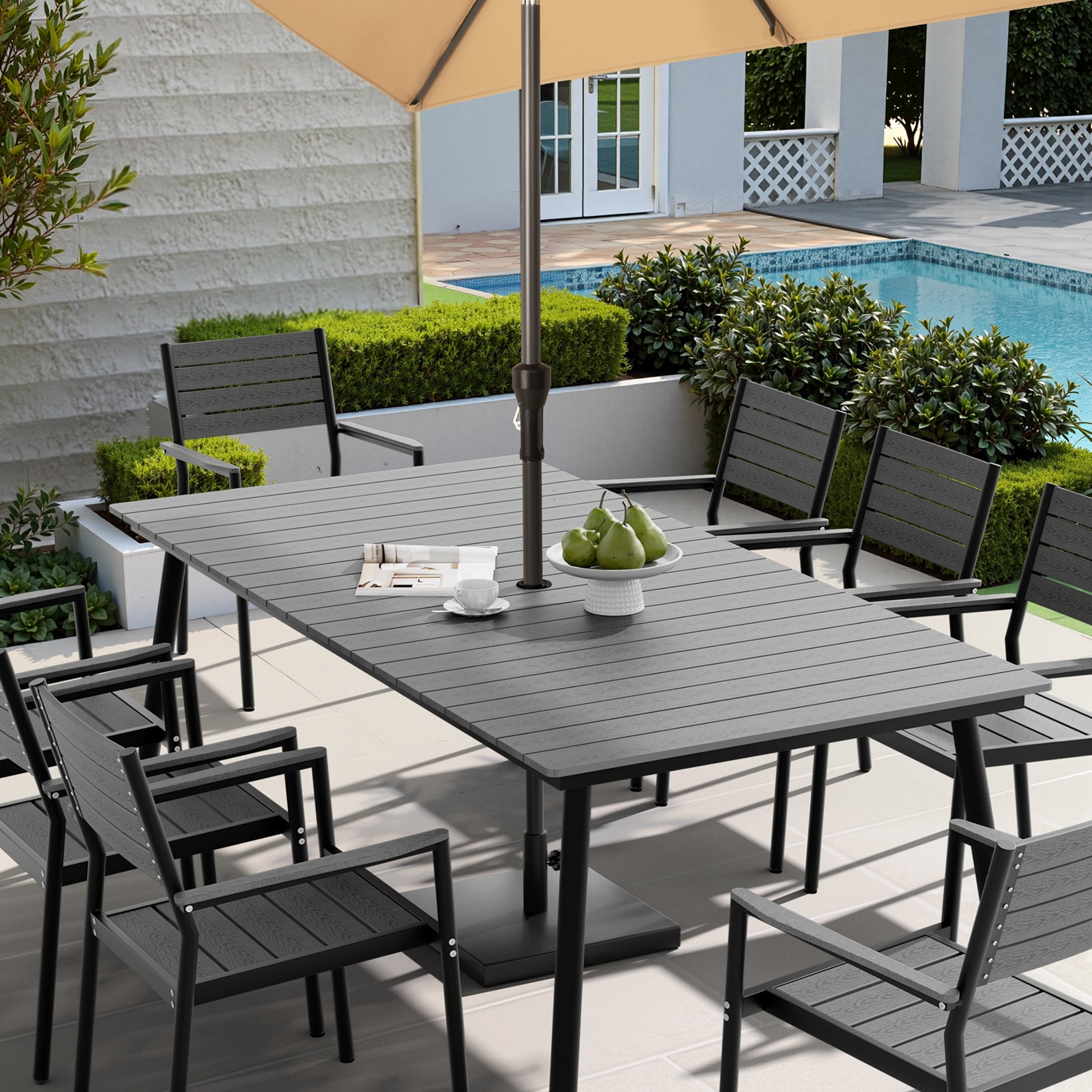82.7In Outdoor Patio Rectangle Aluminum Wood Like Dining Table With Umbrella Hole