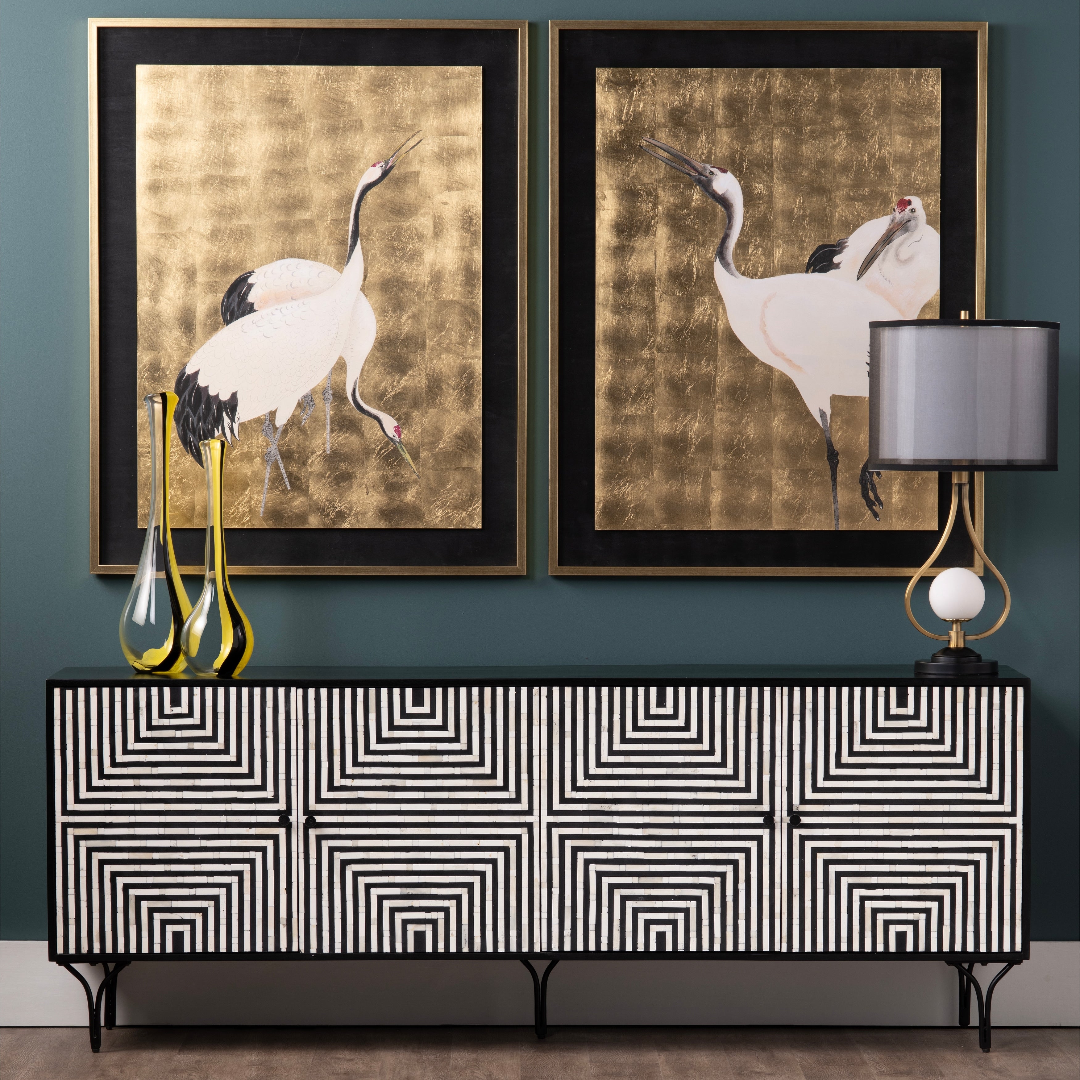 82 4 Door Black Ivory Bone Inlay Media Credenza_Sideboard