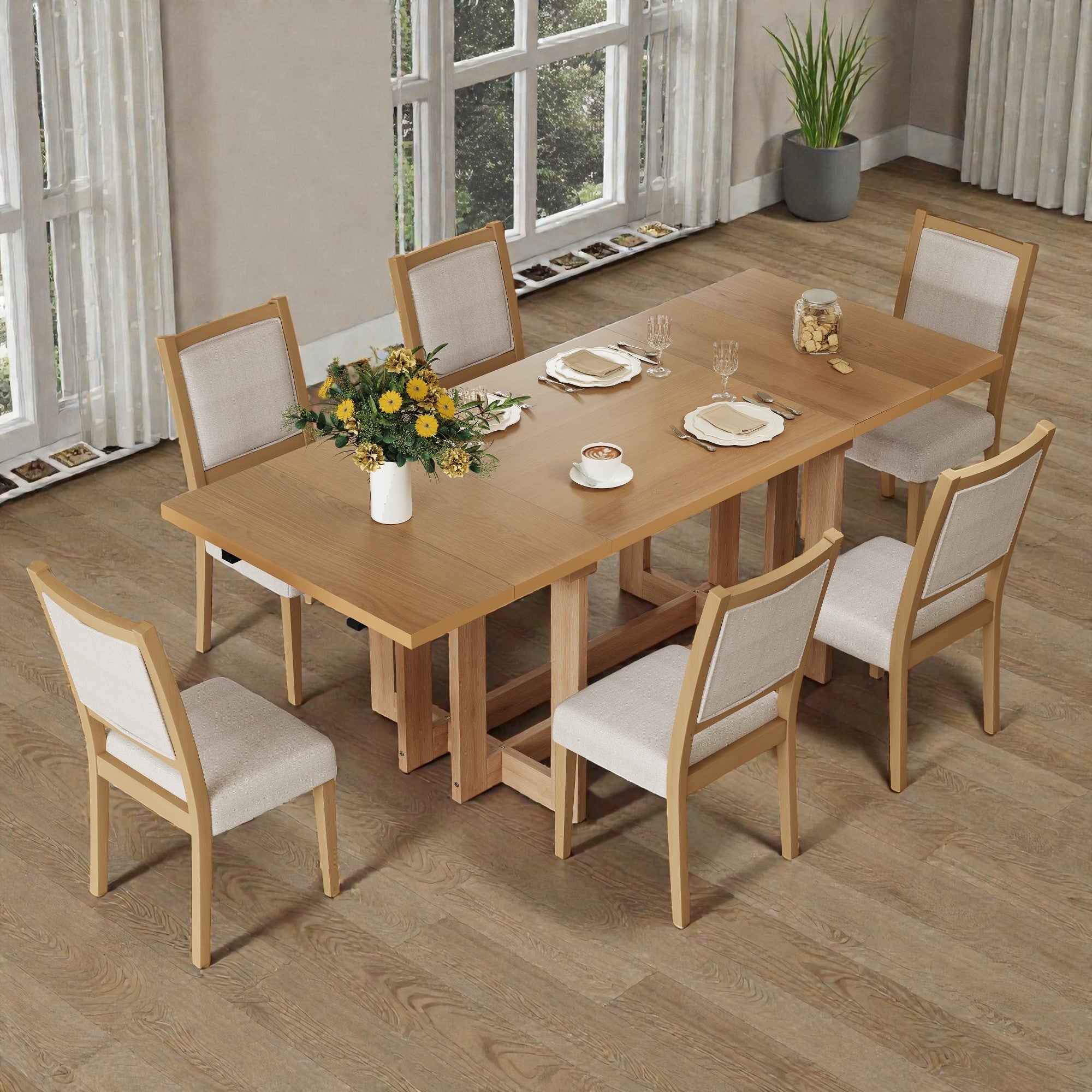 82 Rustic 7 Piece Extendable Dining Table Set With Trestle Base 6 Upholstered Chairs And Two 12 Removable Leaves