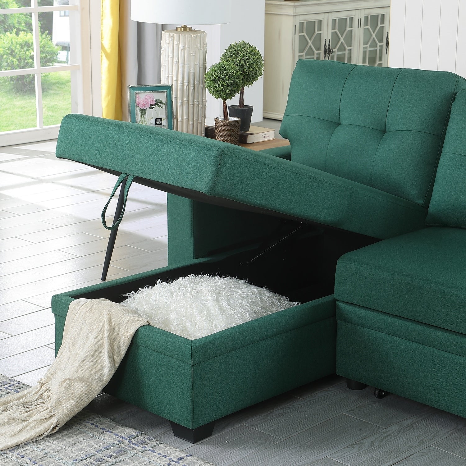 83 In.W Straight Arm 14 Piece Polyester L Shaped Chaise Convertible Storage Armrests Sectional Sofa In Green Finish