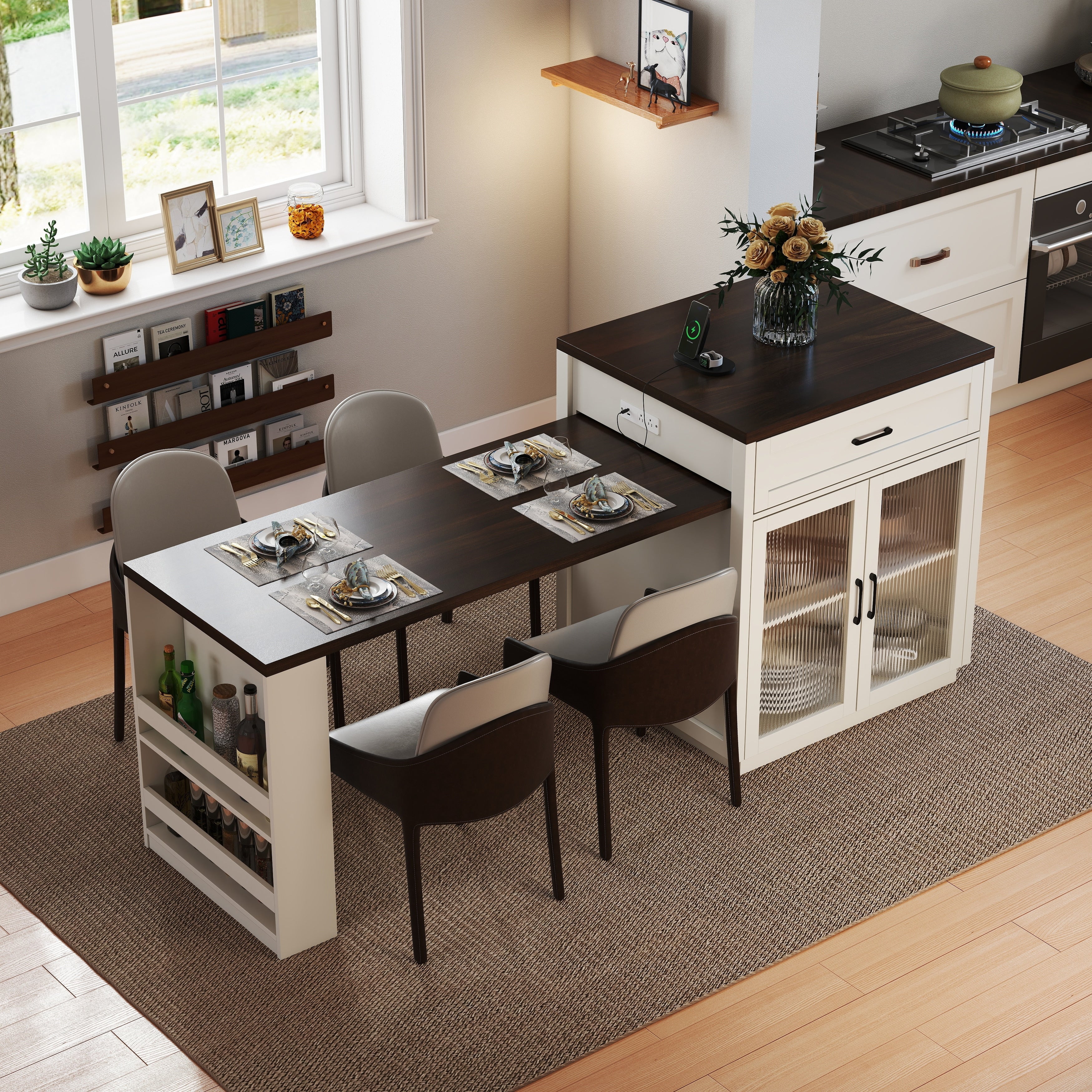 83.1 Extendable Kitchen Island With Slide Out Table And Storage Racks For 2 6 Person Kitchen Island With Tempered Glass Doors