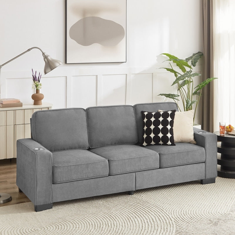 83.86 Modern 3 Seat Snowfleece Sofa Expandable Couch With Cup Holders For Living Room Bedroom Office