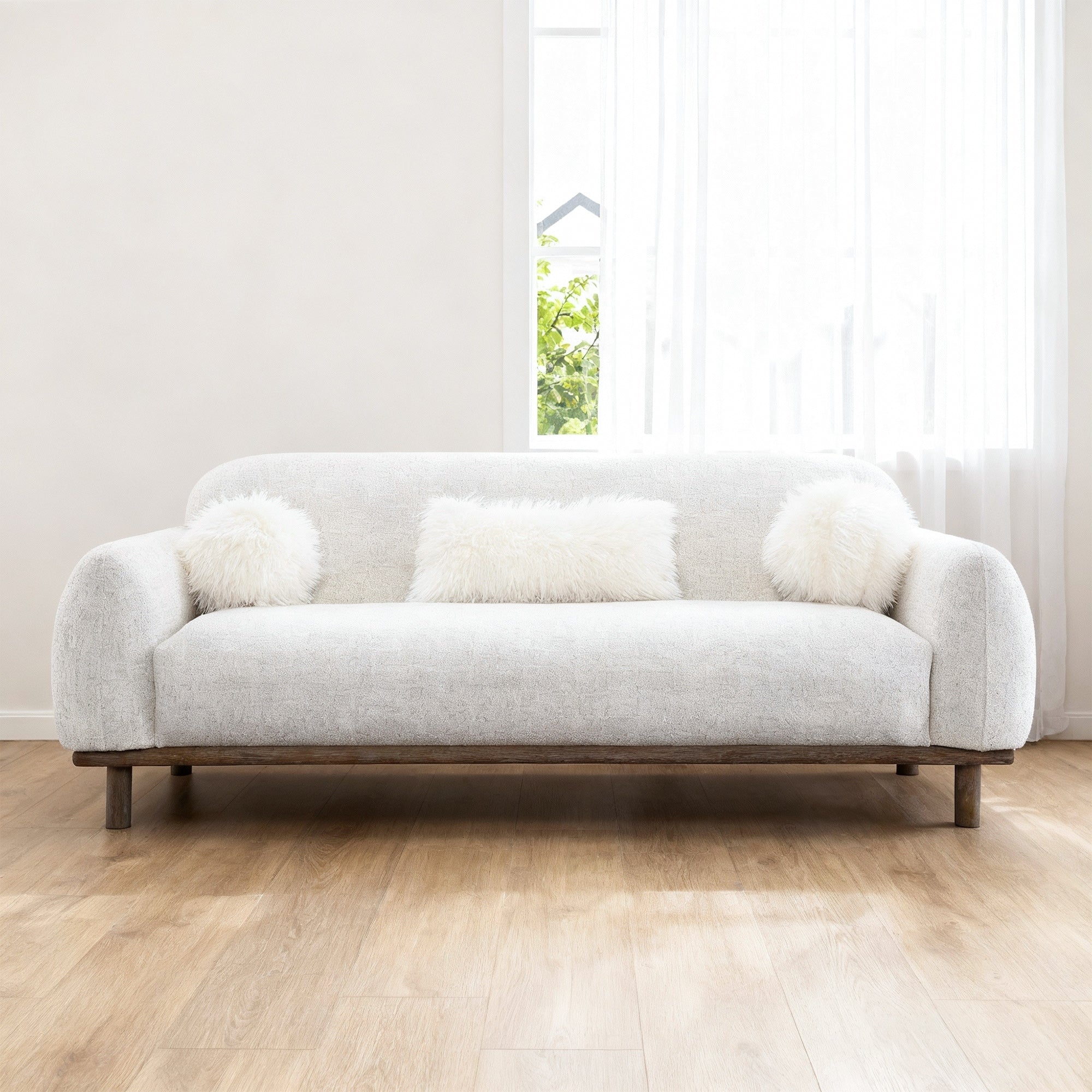 83.8 Modern White Chenille Upholstered Sofa With Wood Legs And Accent Pillows 83.8 D X 34.5 W X 32.6 H