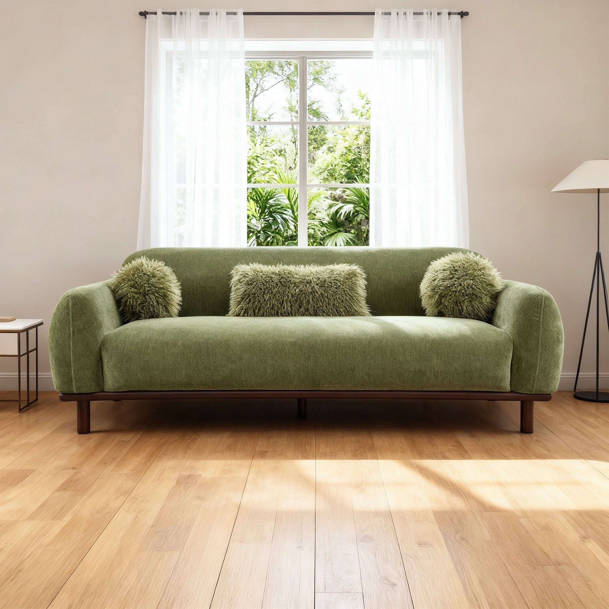 83.8 Olive Green Modern Chenille Upholstered Sofa With Wood Legs And Accent Pillows 83.8 D X 34.5 W X 32.6 H