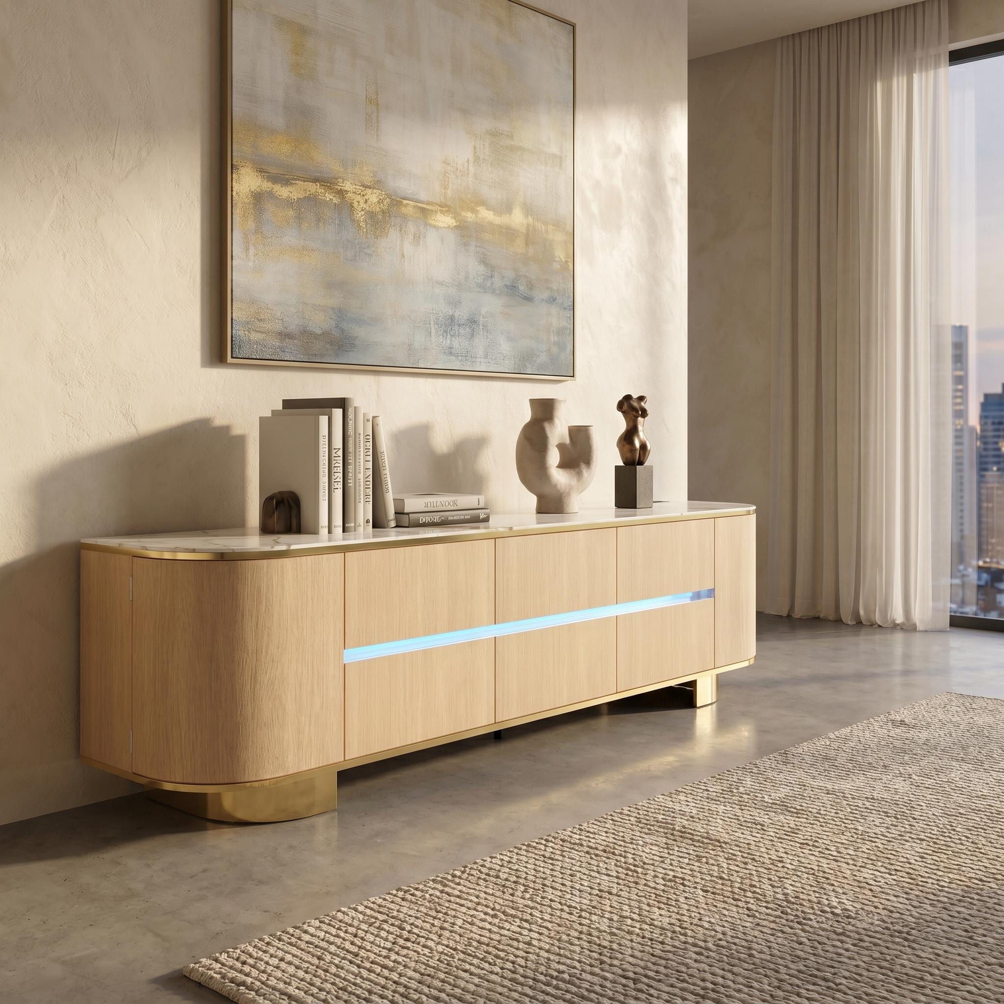 83 Modern Luxury Tv Stand Charging Station High Gloss Marble Texture Uv Top Media Console Entertainment Center With Led Lights