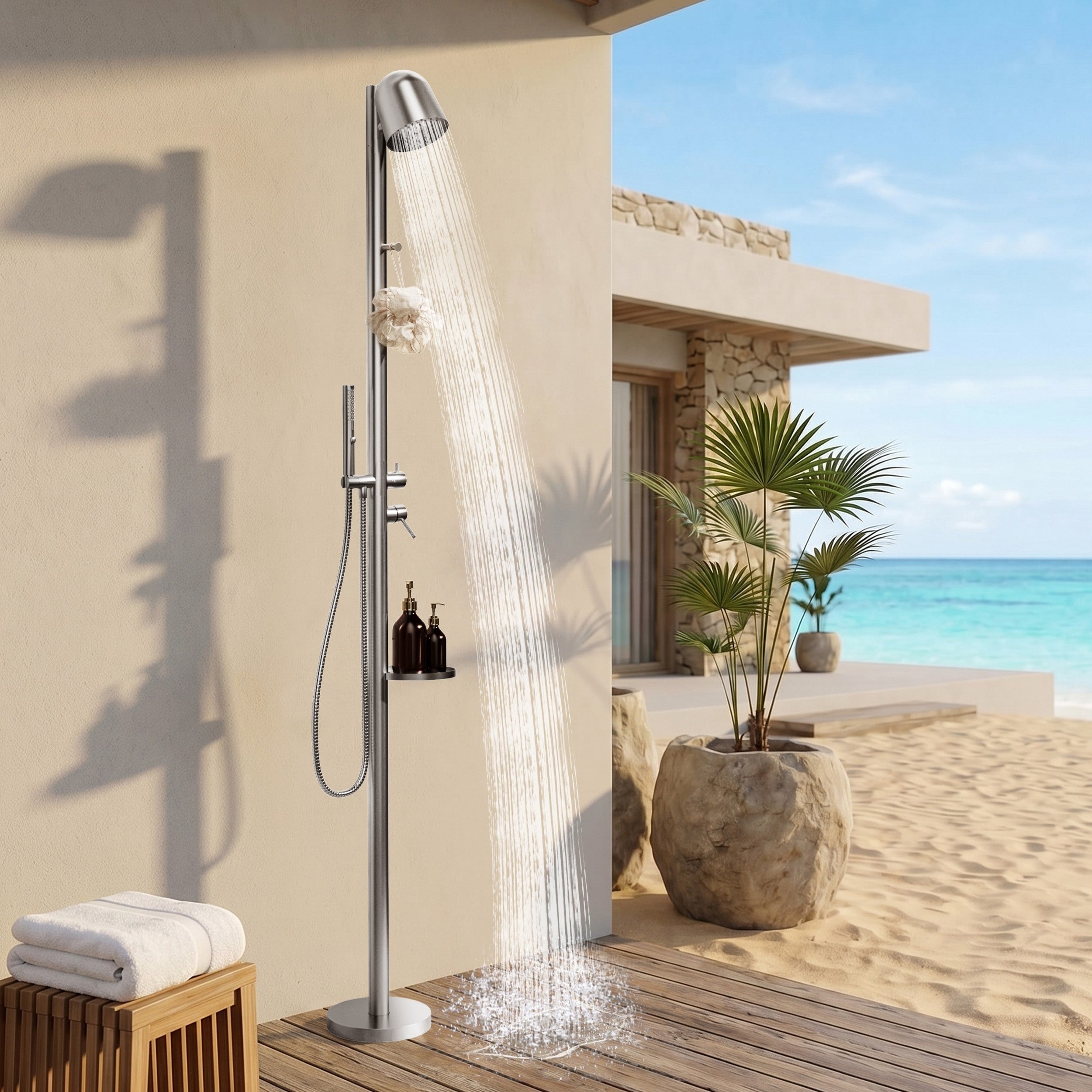Modland Freestanding Outdoor Shower System 304 Stainless Steel Pool Faucet With Handheld Shelf Brushed Nickel