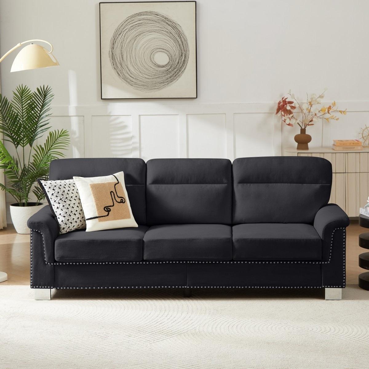84.2 Modern Snowfleece Fabric 3 Seater Sofa With Nailhead Trim