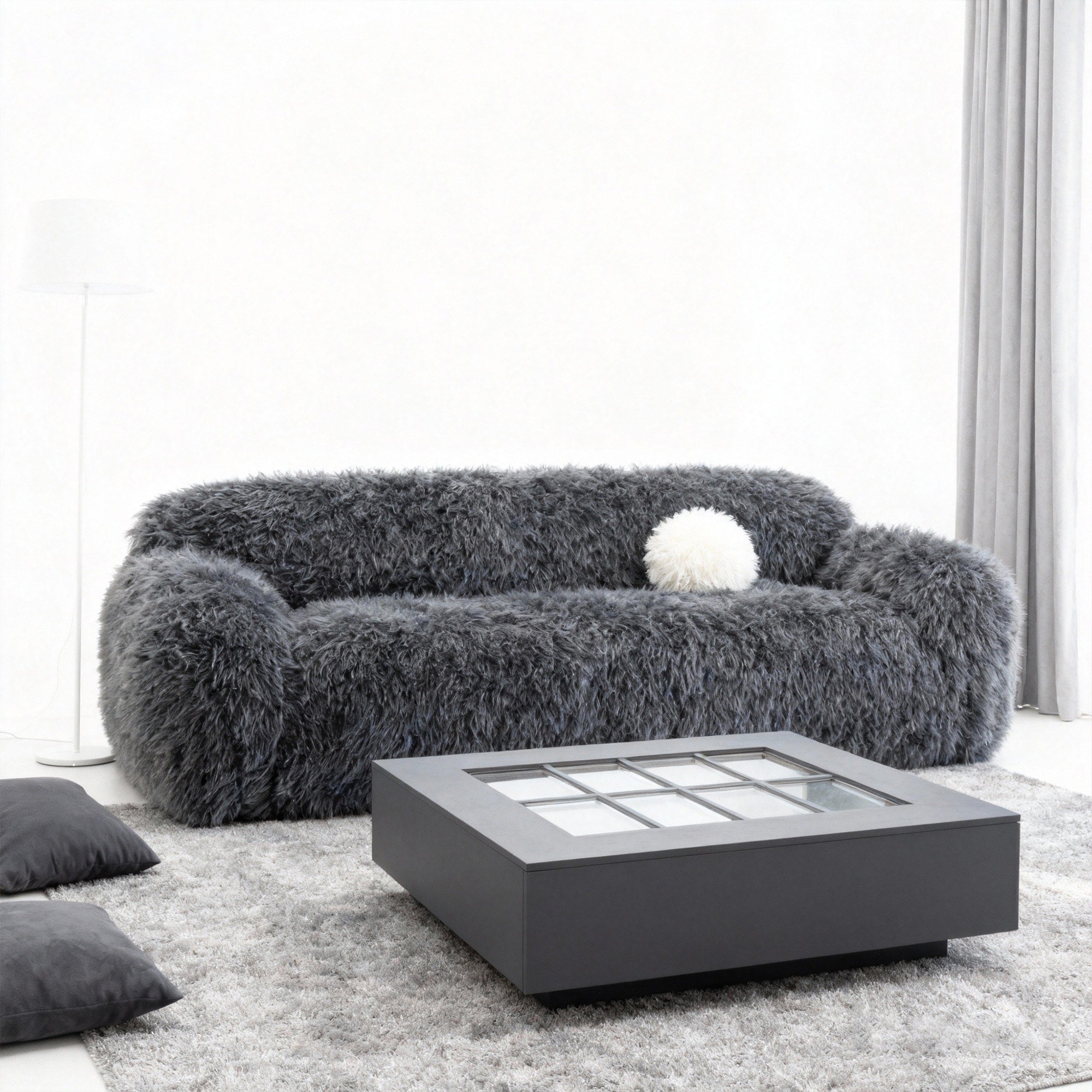 84.3 Modern Dark Gray Long Pile Upholstered Sofa With Ball Pillows 84.3 D X 38.8 W X 31.5 H
