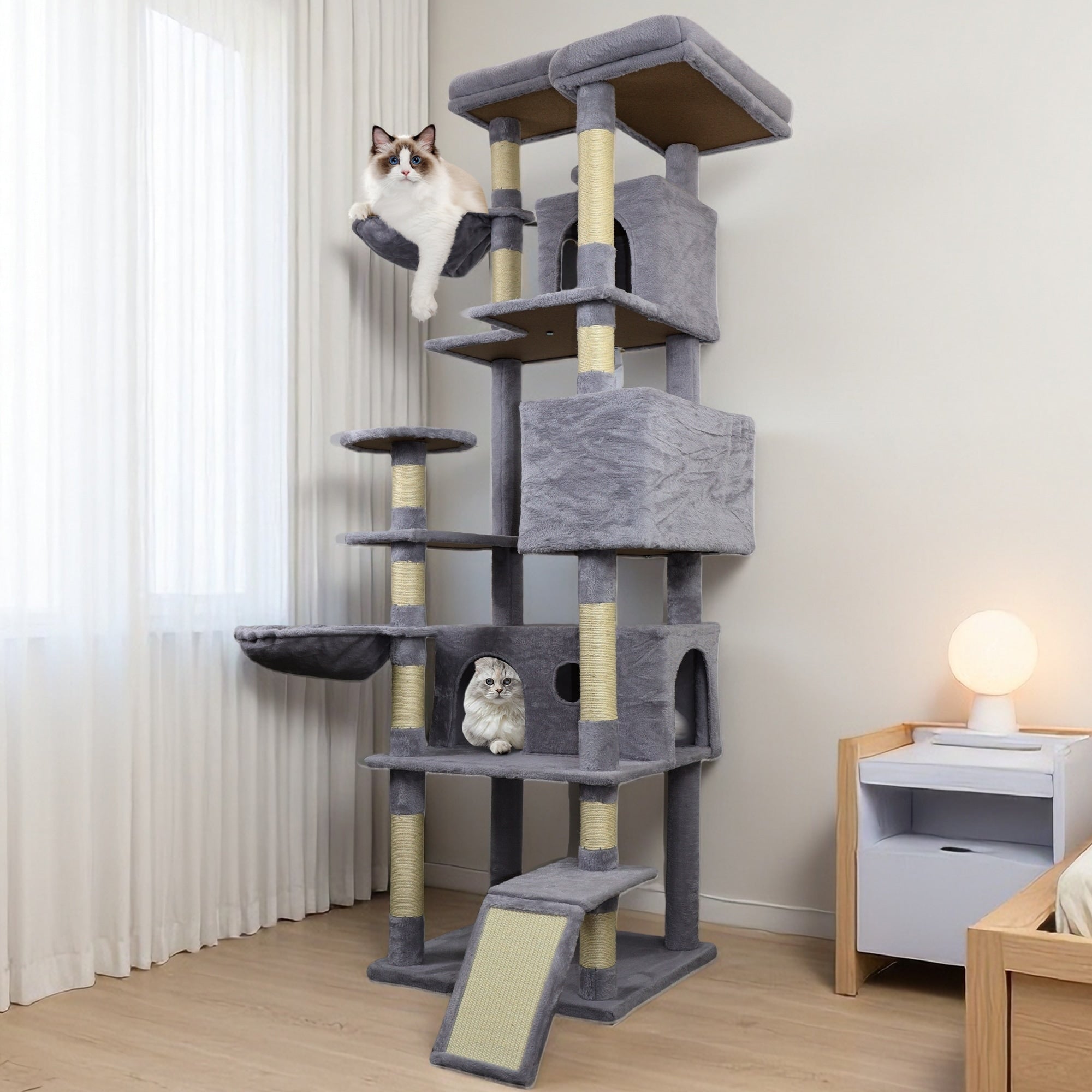 84.6 In Cat Tree Tower With Wide Base 3 Large Hinding Condo 11 Sisal Scratching Post Sisal Scratching Ladder 2 Hammocks