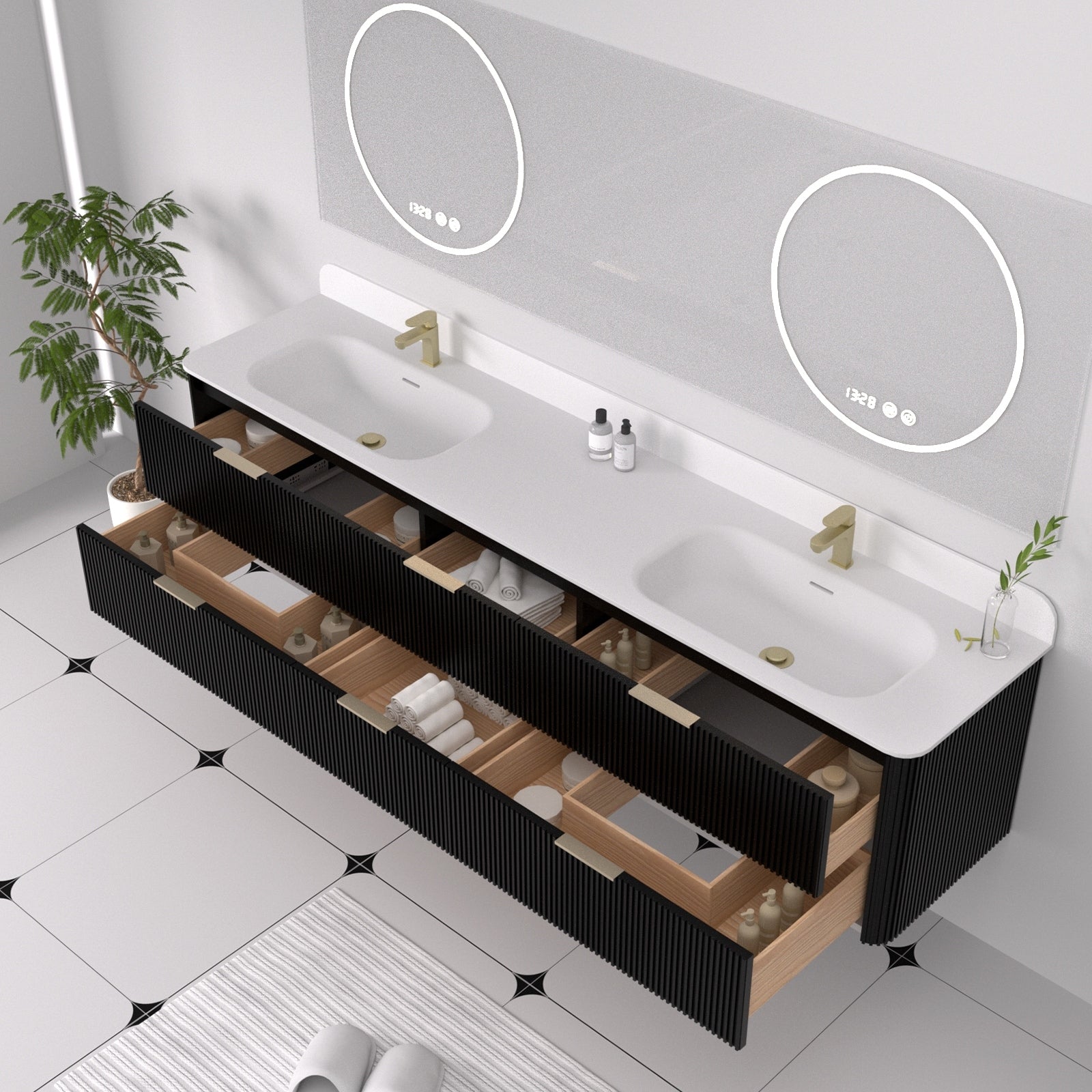 84 Floating Bathroom Vanity With Integrated Countertop Rectangular Sink Solid Wood