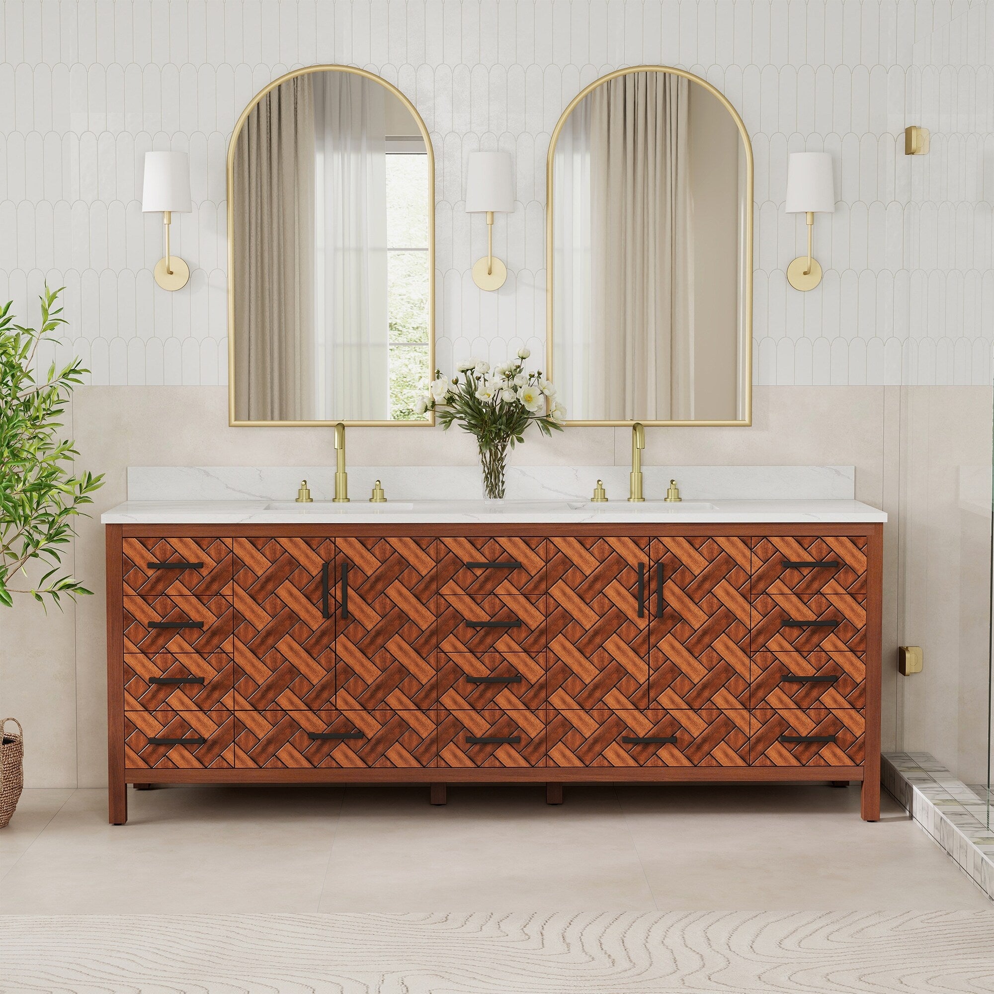 84 Freestanding Bathroom Vanity With Engineered Stone Top Ceramic Double Sink Built In Power Outlet And Hair Dryer Storage