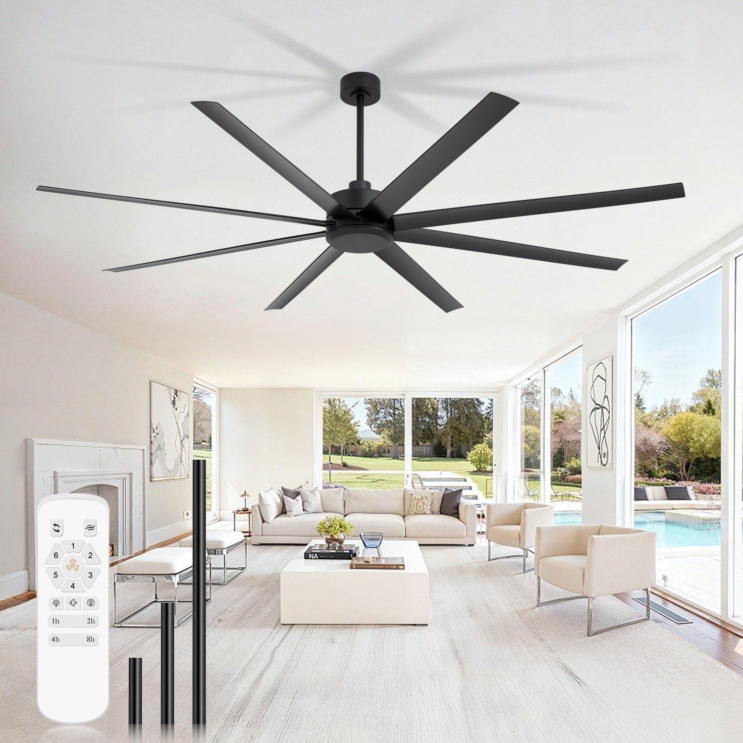 84 Large Ceiling Fan No Light Black 8 Blade Outdoor Indoor Fan Quiet Dc Motor Remote Control 6 Speeds Reversible Timer