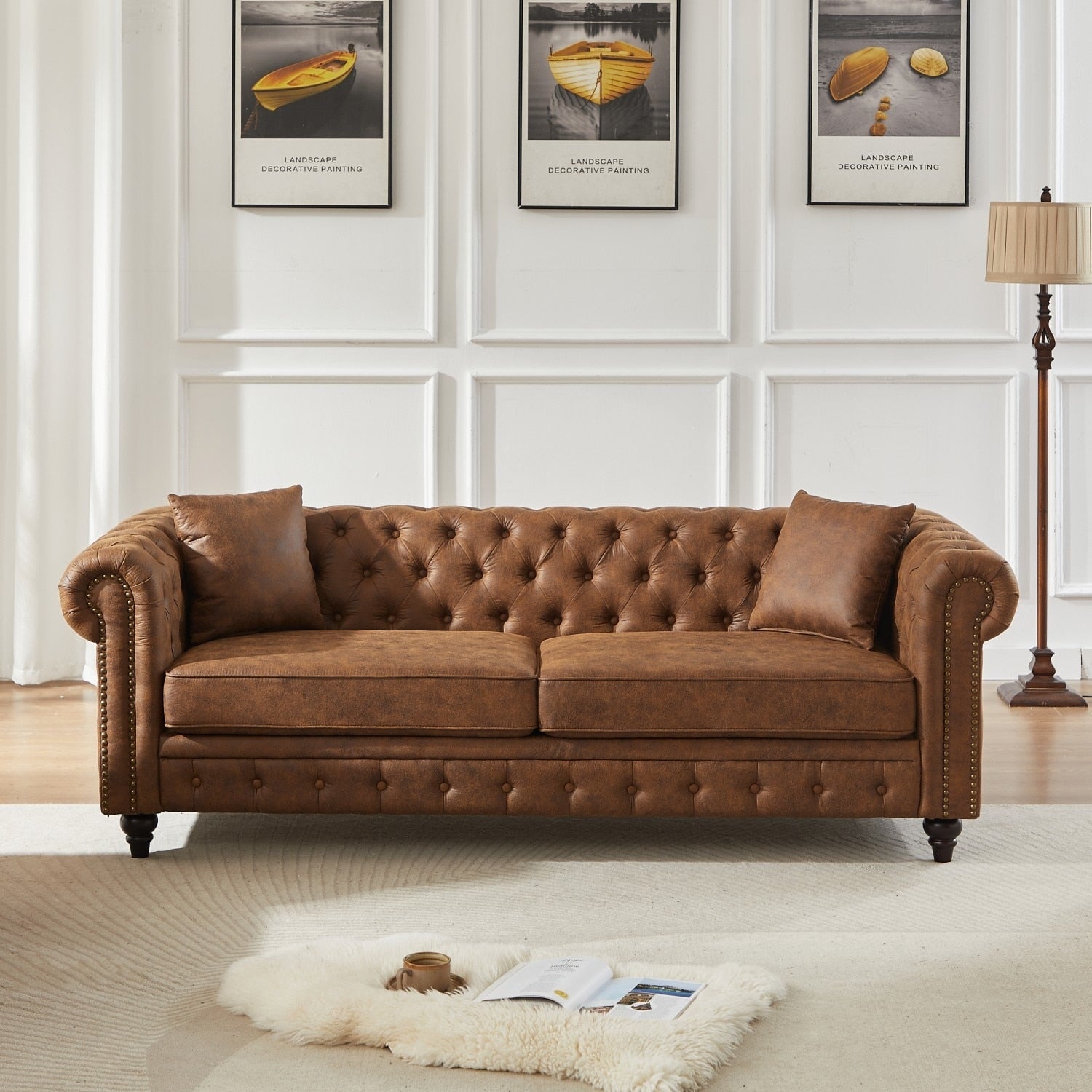 85.5 Tech Fabric Sofa With Rolled Arms And Button Tufted Design