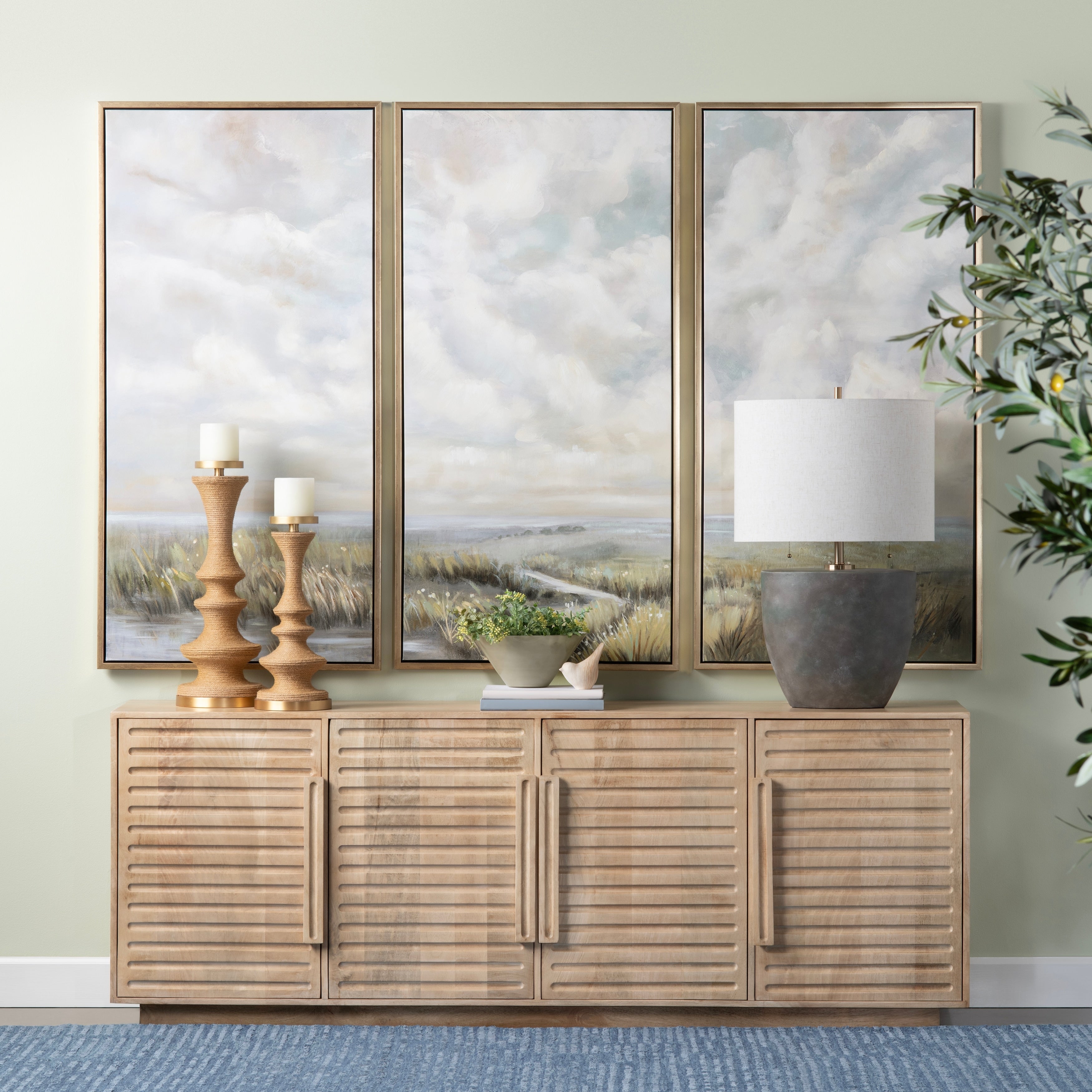 86 In. Brown Solid Wood 4 Door Media Credenza_Sideboard
