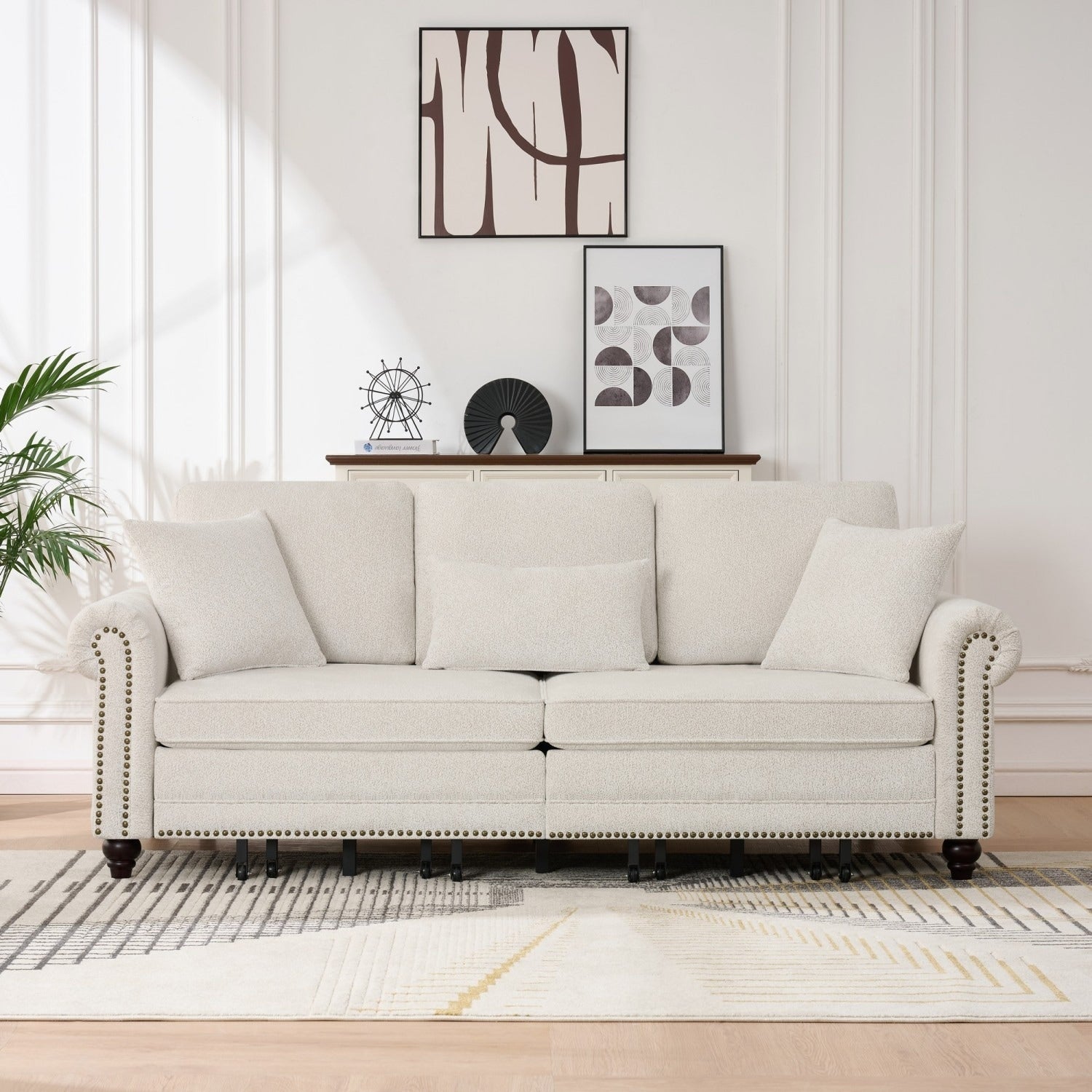 86.5 Chenille Sofa With Rolled Arms Nailhead Trim And Pull Out Bed