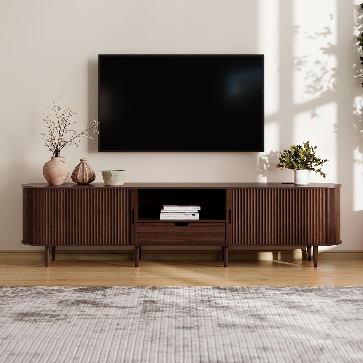 86.6 Fluted Tv Stand With Power Outlet For Tvs Up To 90 Mid Century Modern Tv Console With Adjustable Shelves And Sliding Door