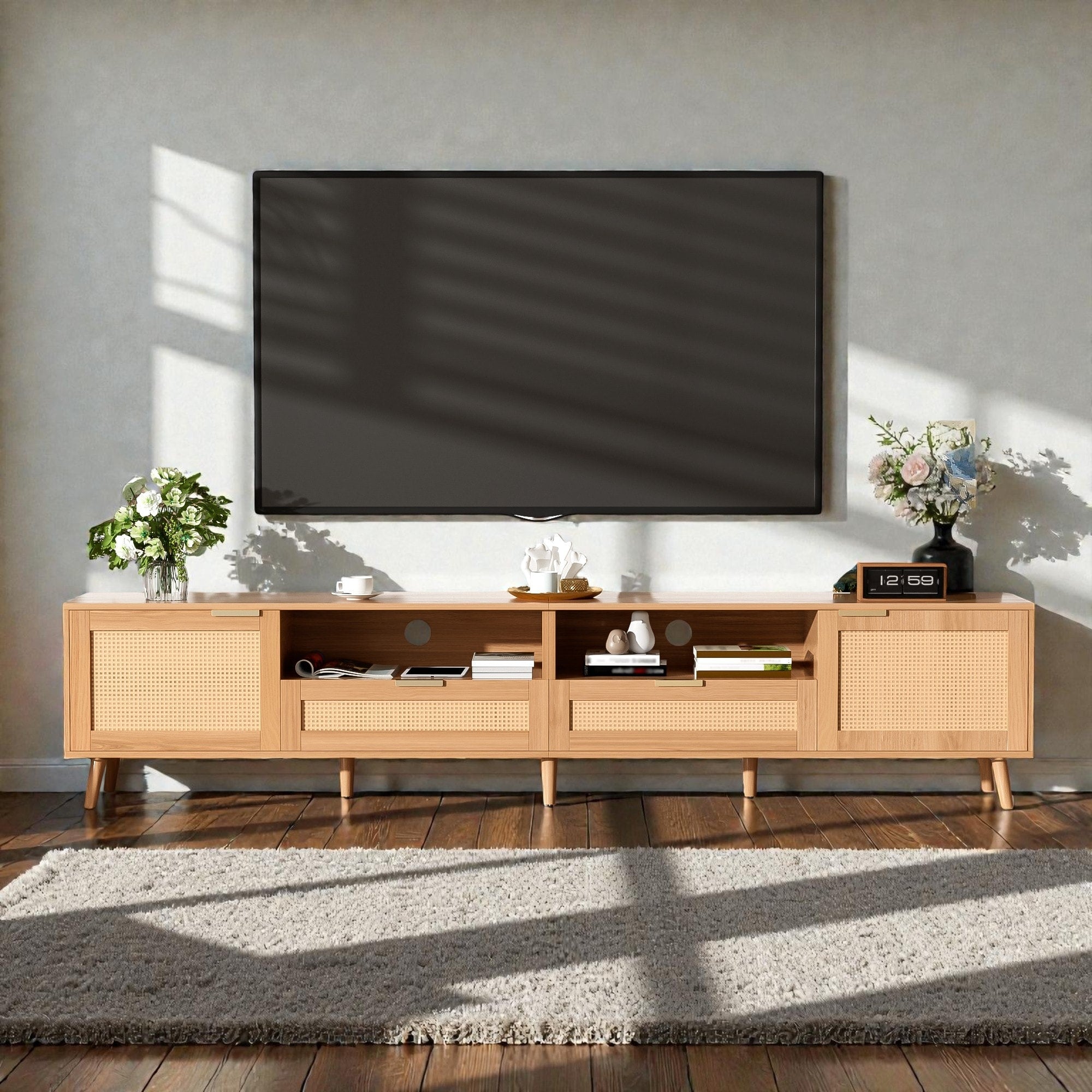 86.6 Rattan Tv Stand For Tvs Up To 90 Inch Modern Farmhouse Media Console With Solid Wood Legs And Storage