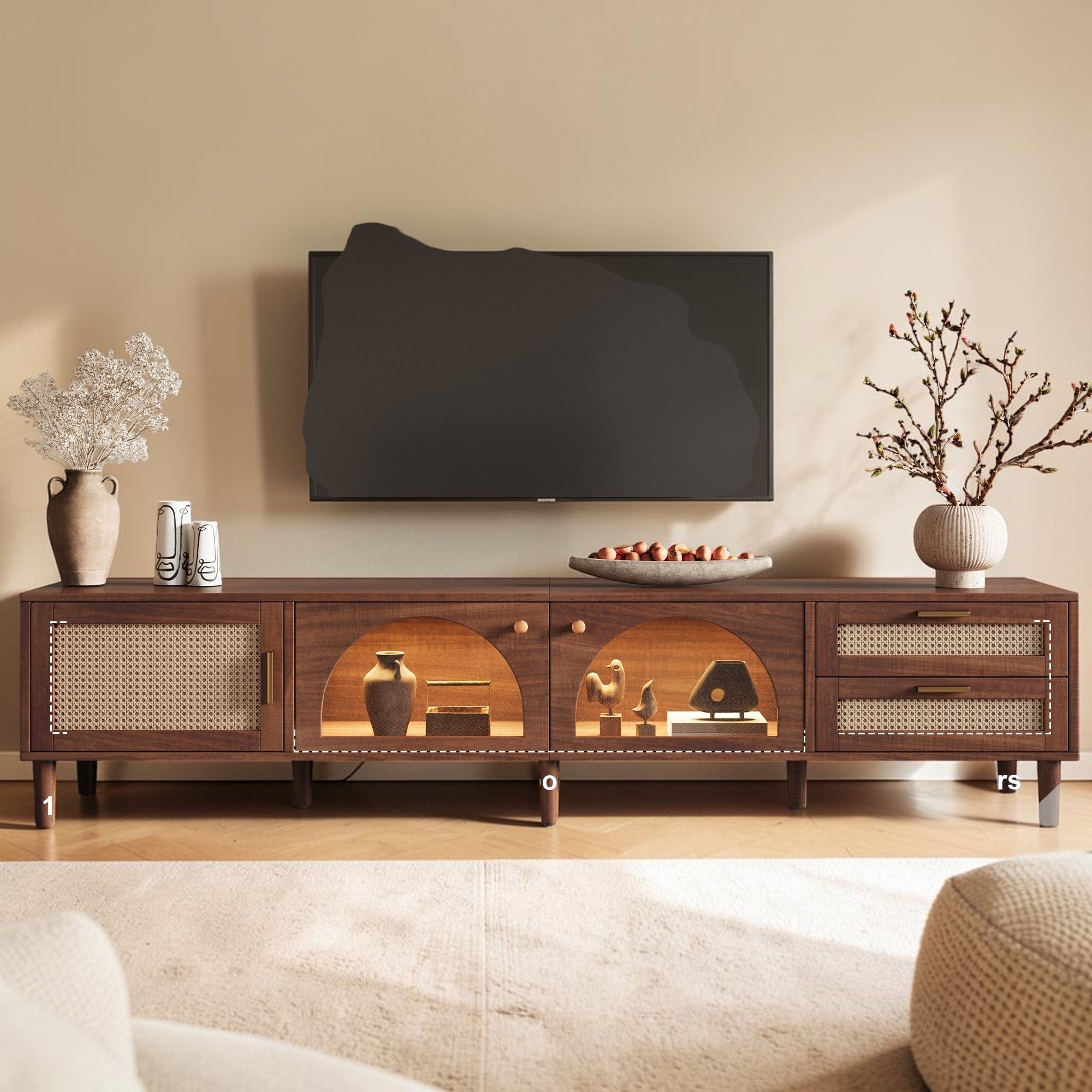 86.6 Tv Stand With App Controlled Led Lights Rattan Doors And Glass Storage For Tvs Up To 90