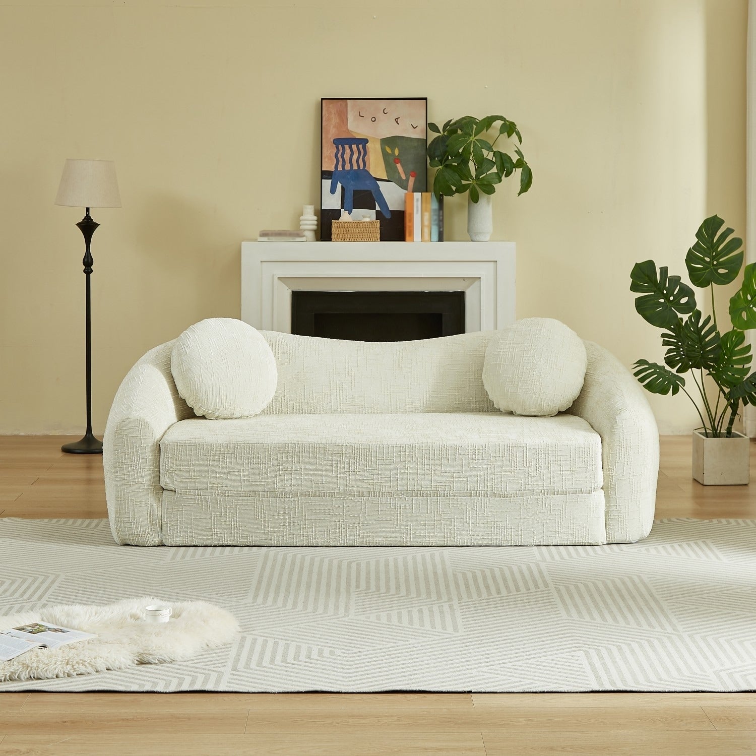 86 Chenille Curved Sofa With Pillows And Pull Out Bed No Assembly Required
