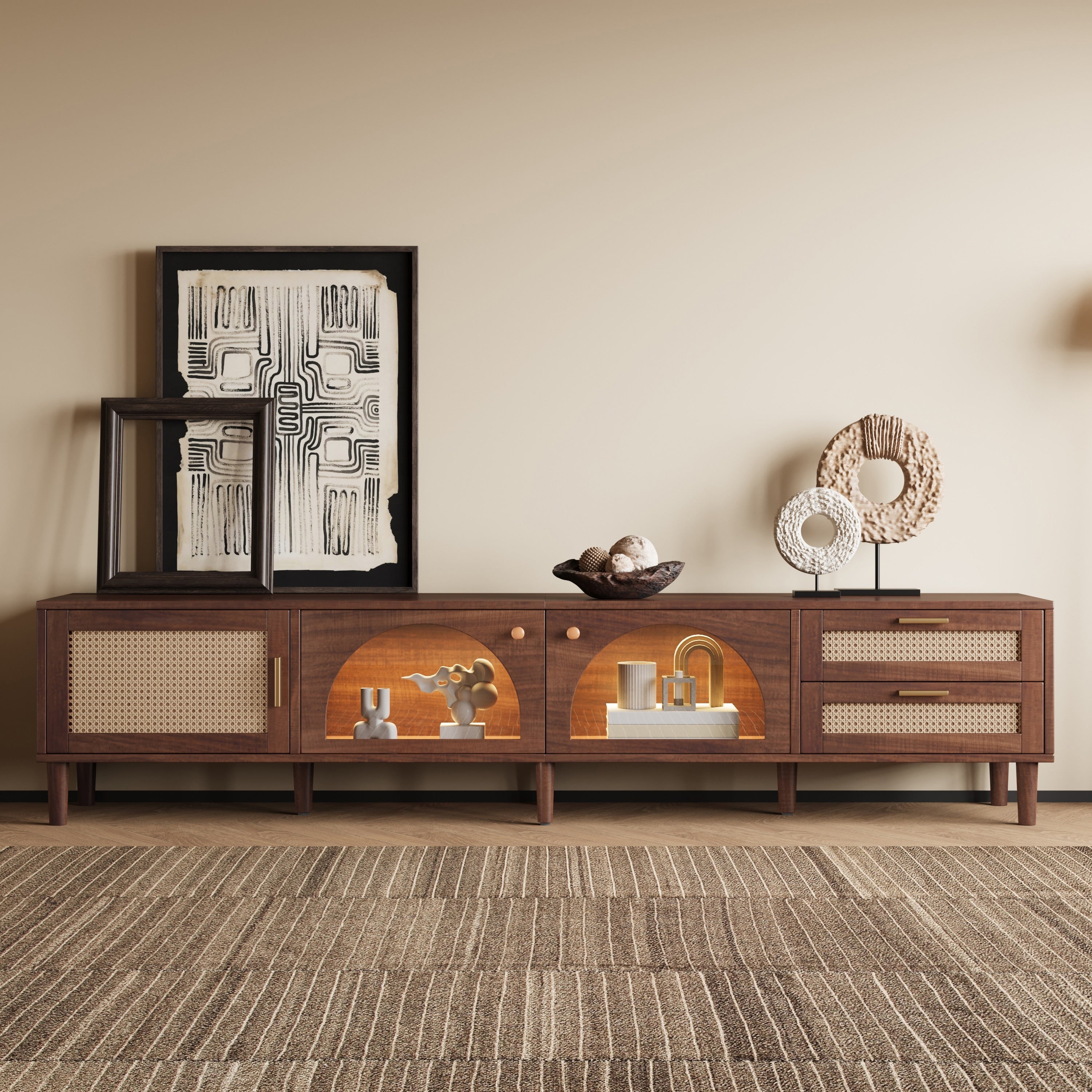86 Rattan Tv Stand With App Controlled Led Lights And Glass Storage