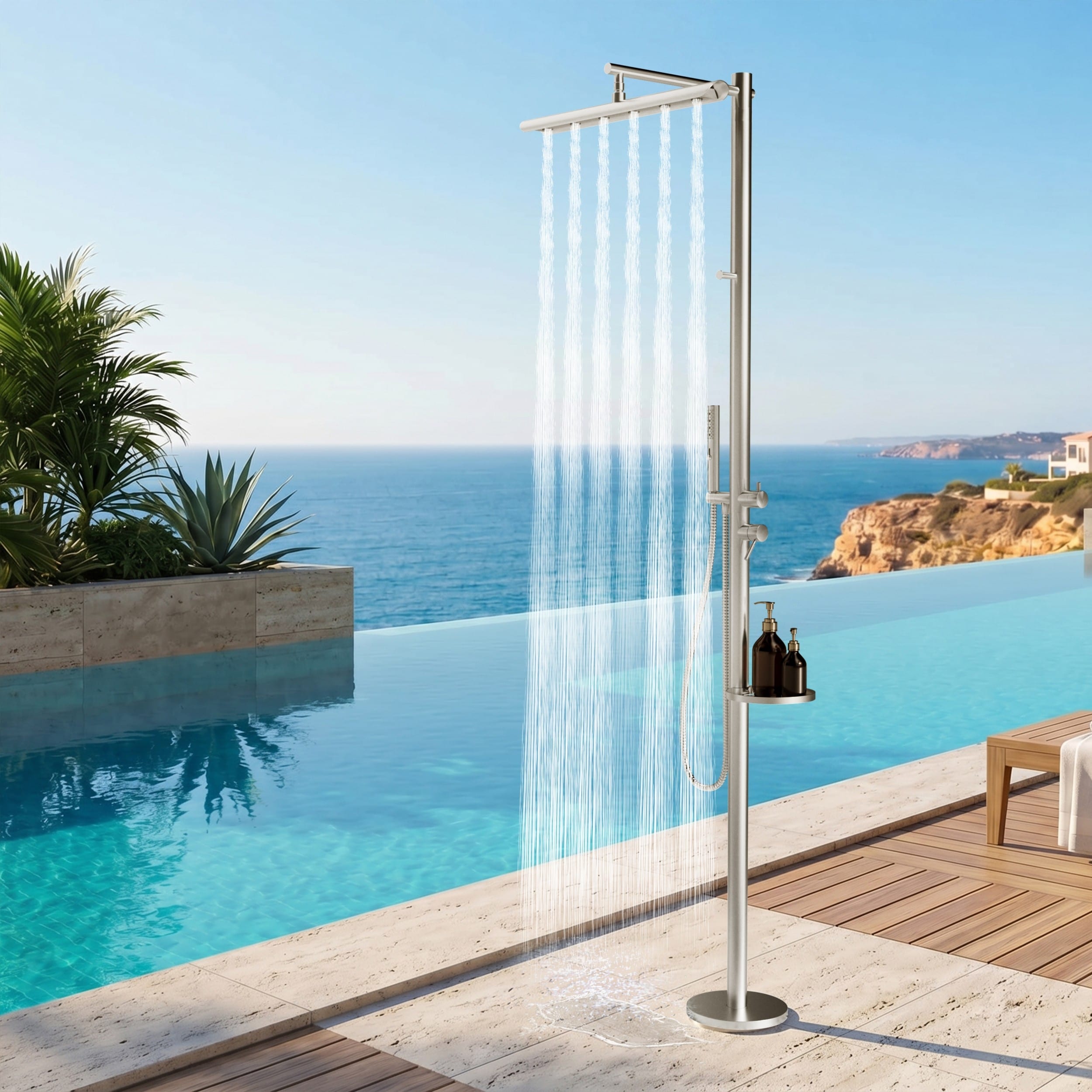 Modland Freestanding Outdoor Shower 304 Stainless Steel Poolside Fixture With Handheld Shelf Brushed Nickel