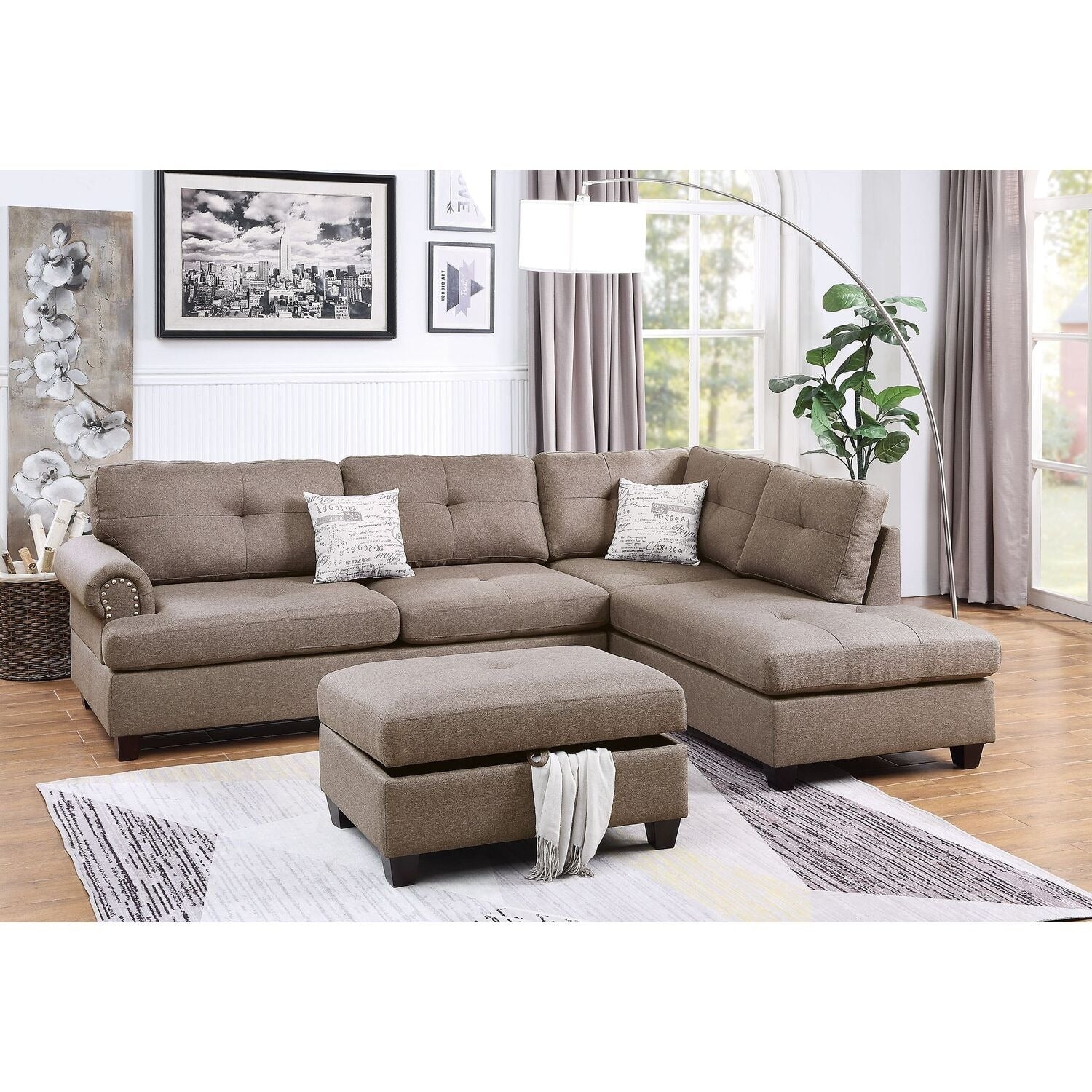 87 In.W Beige Finish Linen Upholstery L Shaped Straight Arm Sectional Sofa