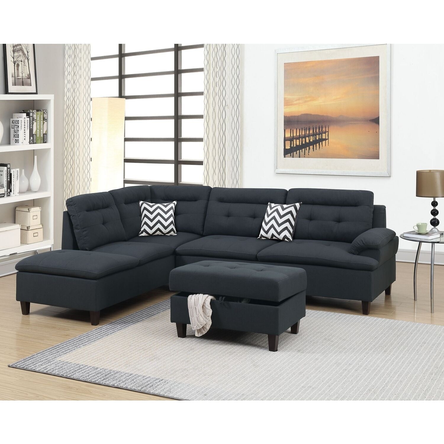 87 In.W Black Finish Fabric Upholstery L Shaped Straight Arm Sectional Sofa