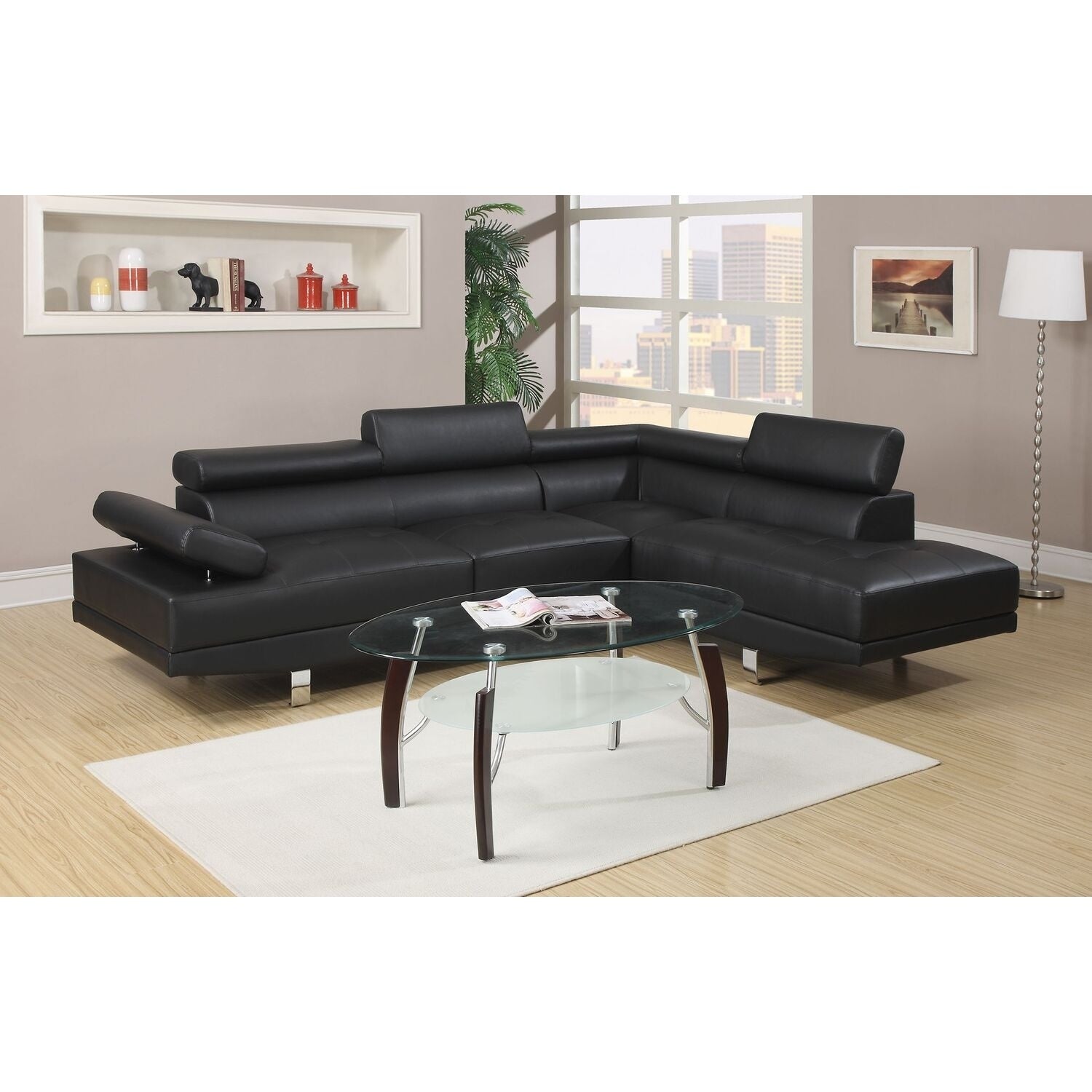 87 In.W Black Finish Faux Leather Upholstery L Shaped Straight Arm Sectional Sofa