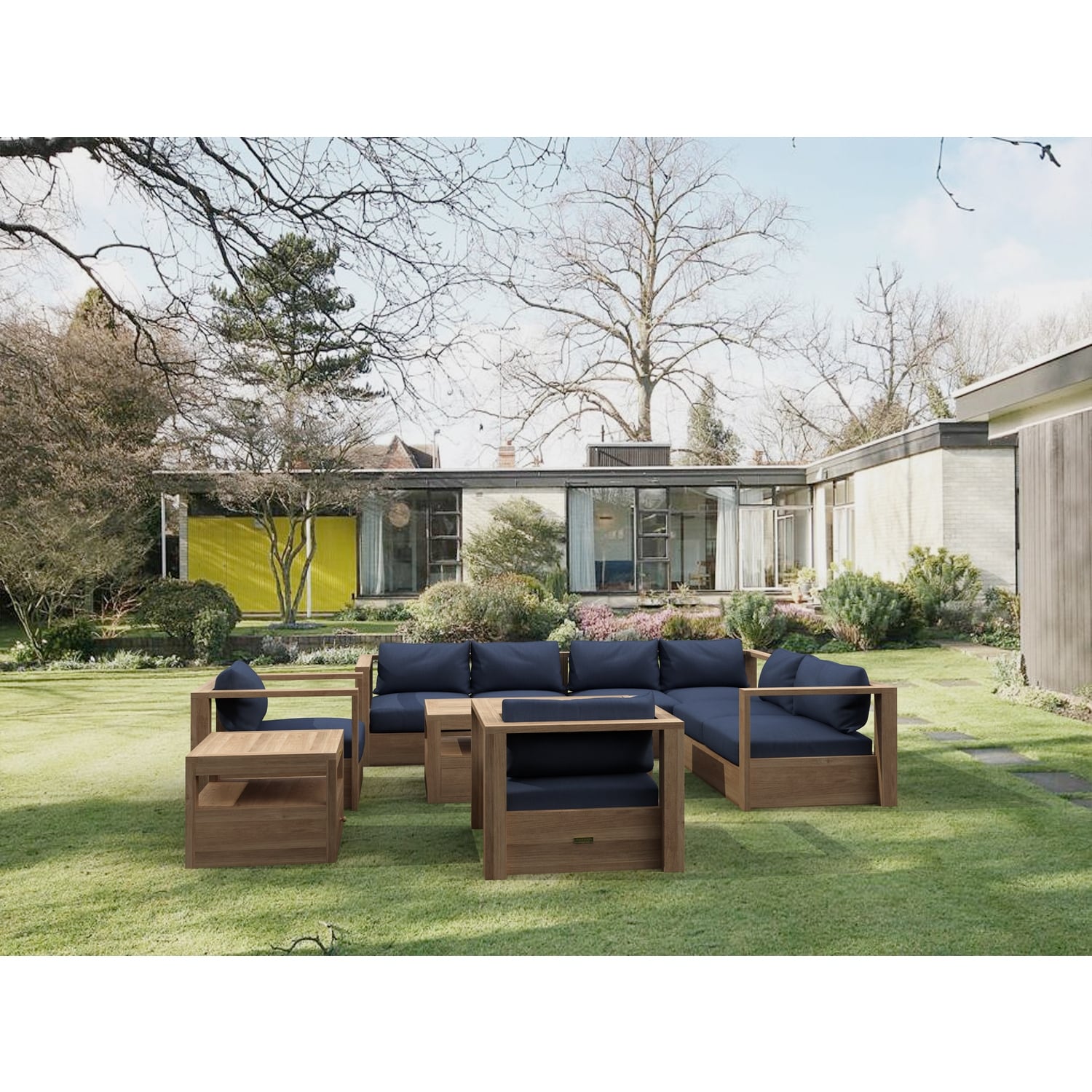 87 In.W Blue Finish Fabric Upholstery L Shaped Straight Arm Sectional Sofa