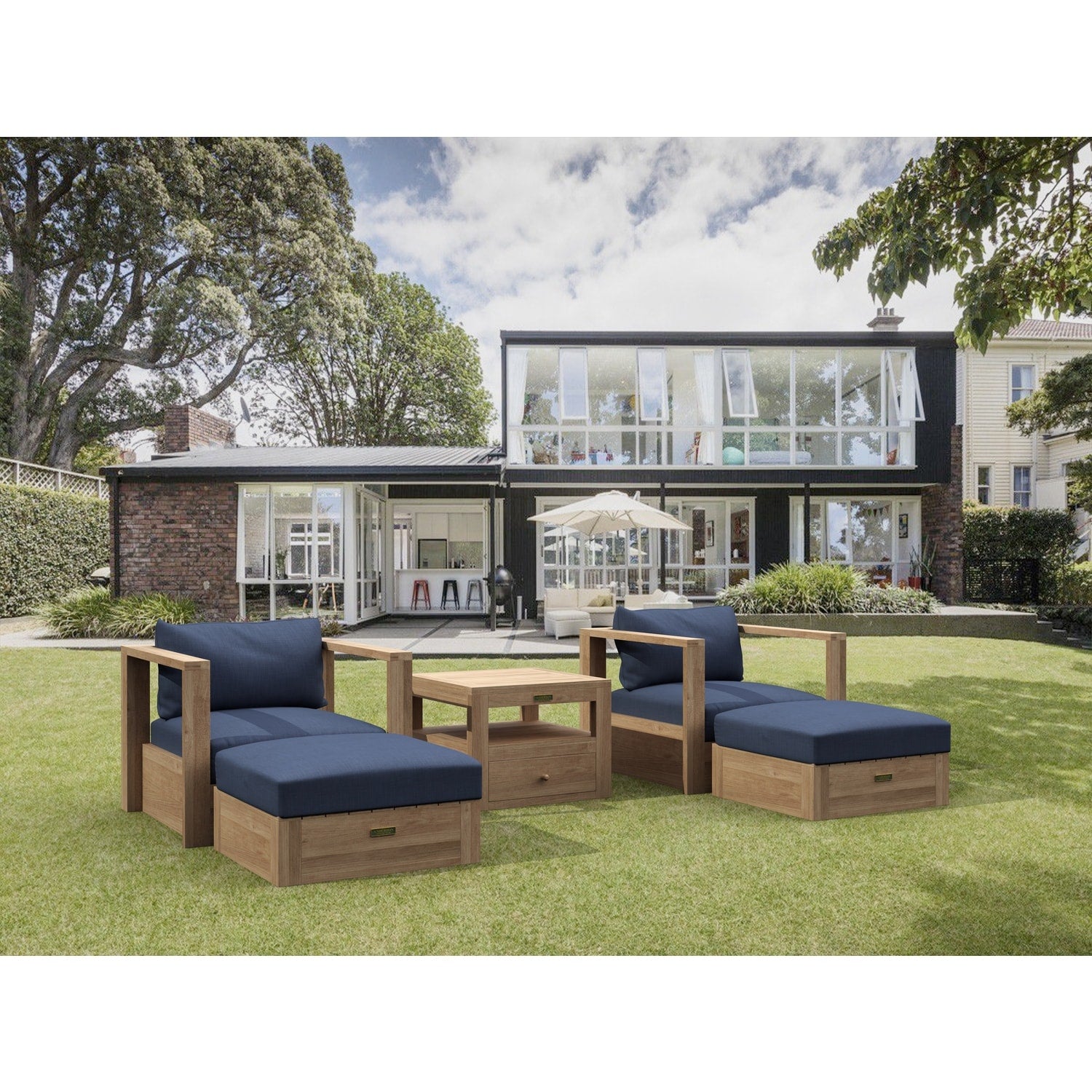 87 In.W Blue Finish Fabric Upholstery L Shaped Straight Arm Sectional Sofa