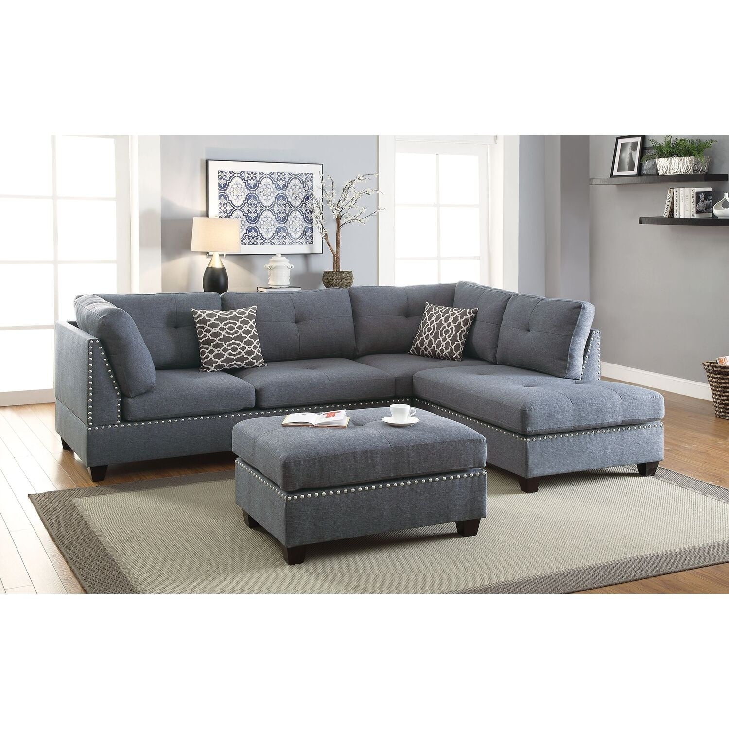 87 In.W Blue Finish Fabric Upholstery L Shaped Straight Arm Sectional Sofa