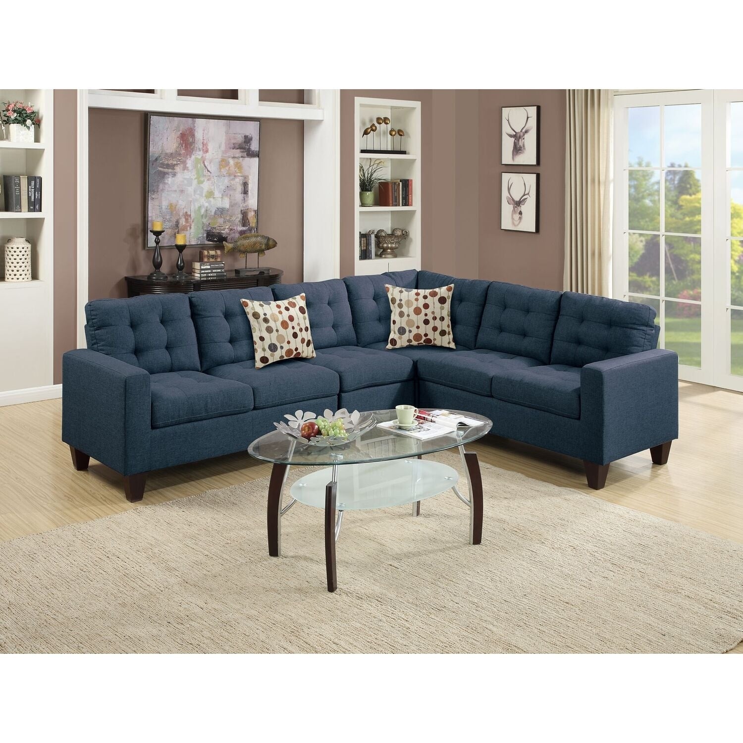 87 In.W Blue Finish Fabric Upholstery L Shaped Straight Arm Sectional Sofa