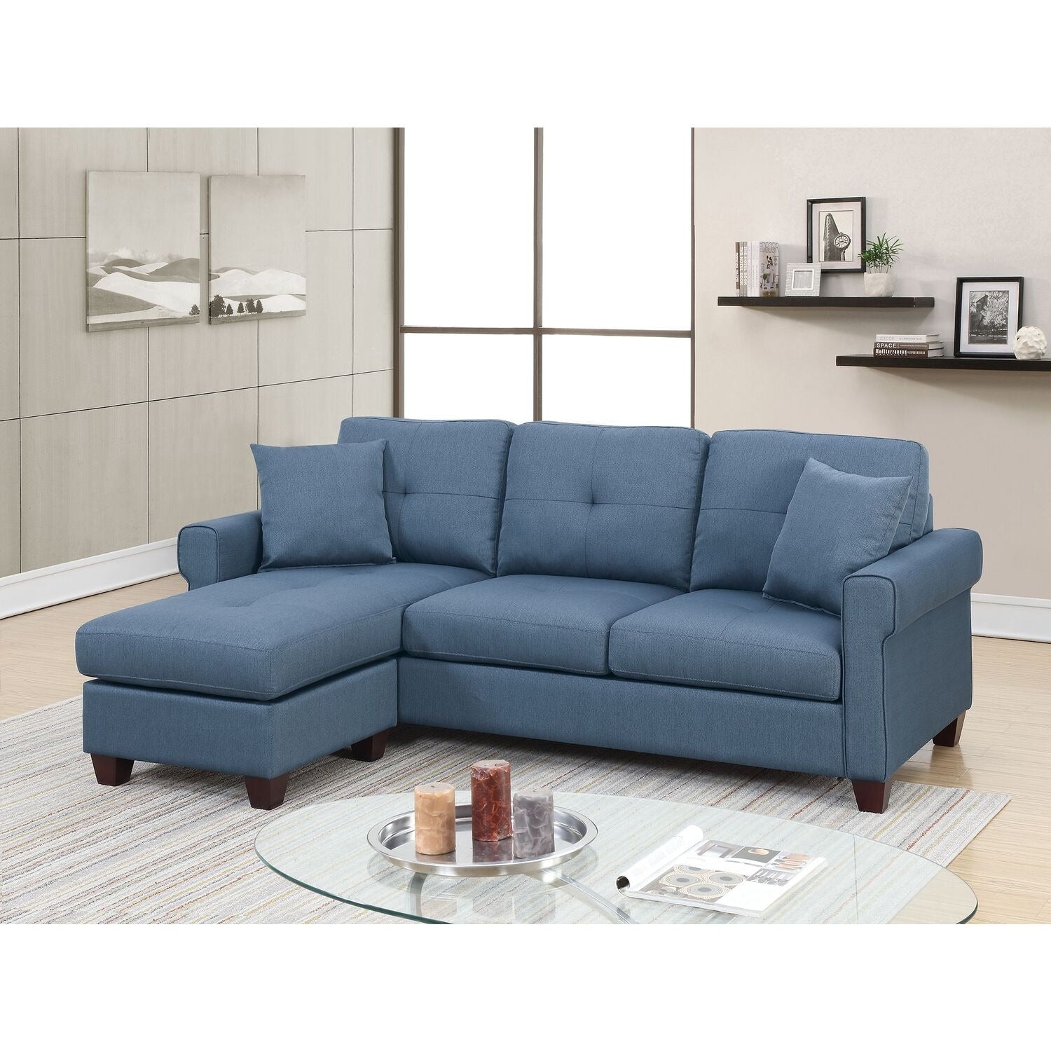 87 In.W Blue Finish Fabric Upholstery L Shaped Straight Arm Sectional Sofa