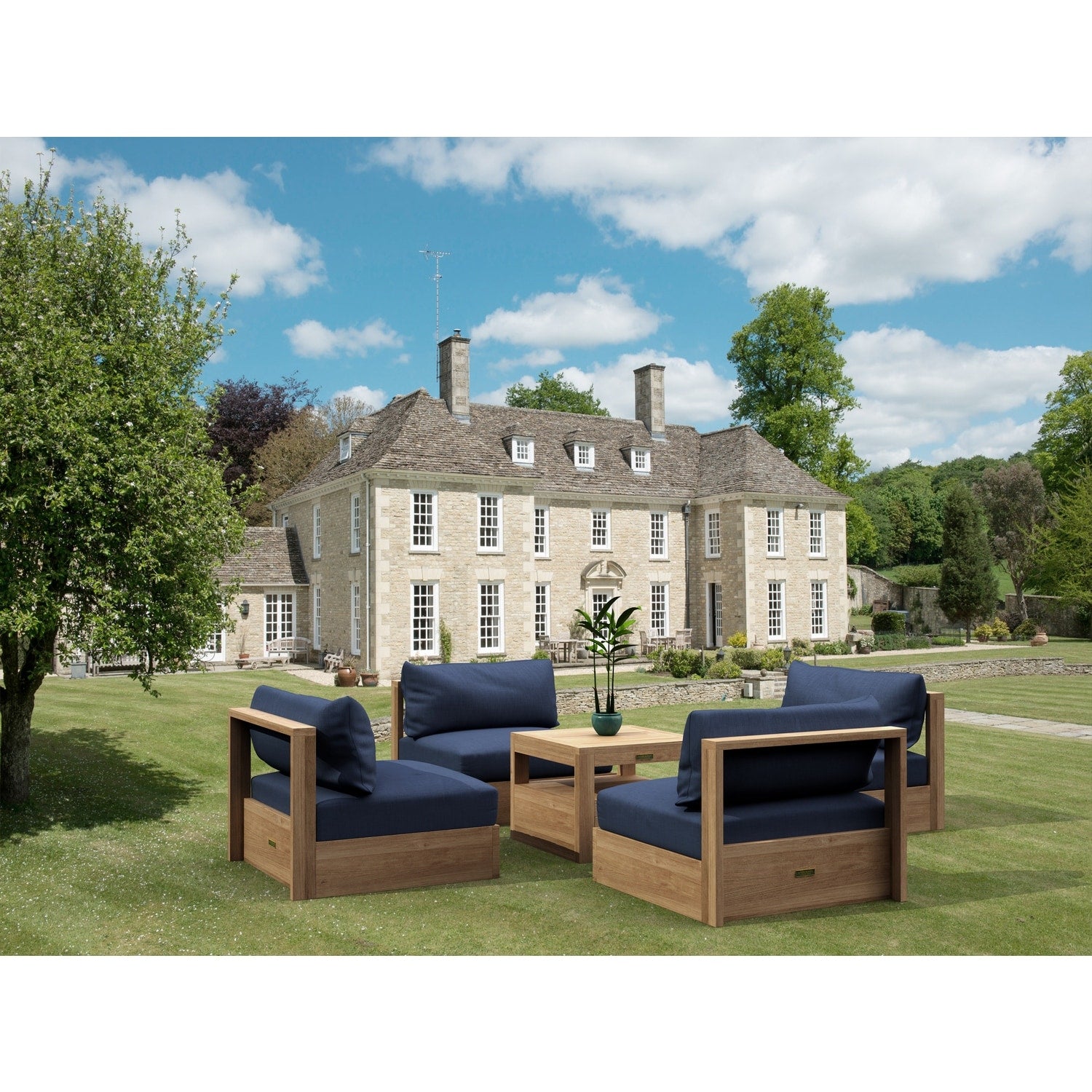87 In.W Blue Finish Fabric Upholstery L Shaped Straight Arm Sectional Sofa