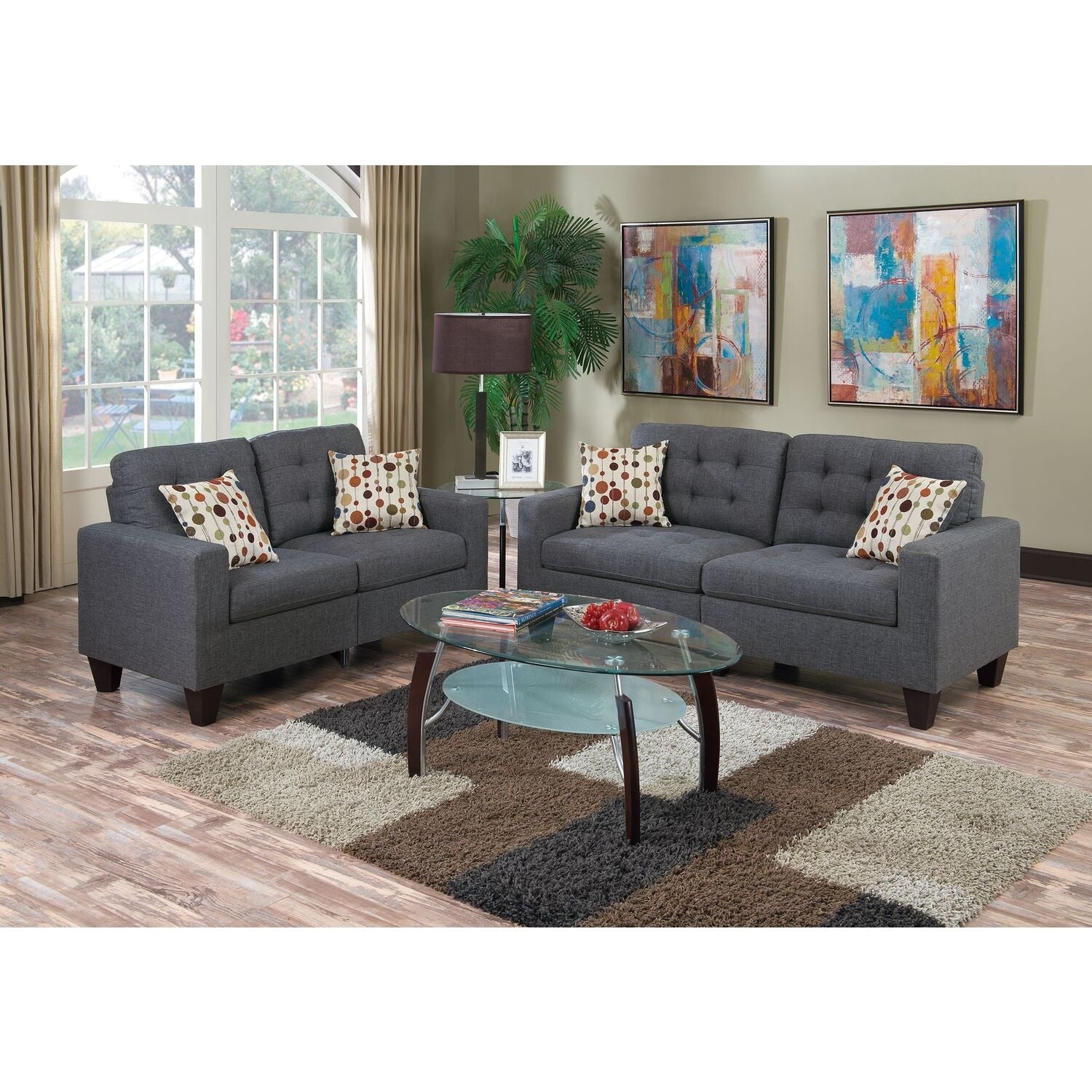87 In.W Blue Finish Polyester Upholstery L Shaped Straight Arm Sectional Sofa